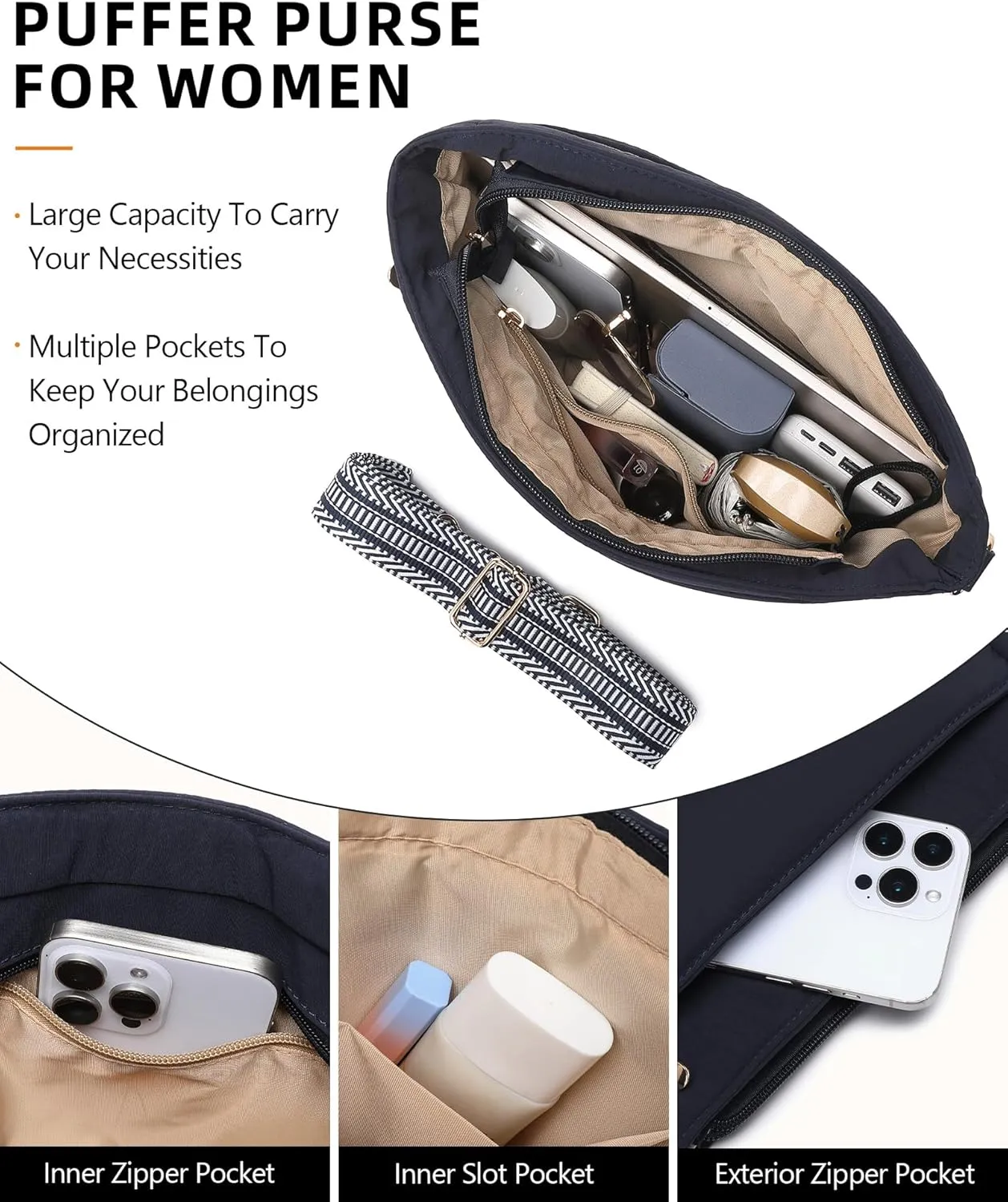 Purses for Women 2PCS Puffer Quilted Crossbody Shoulder Hobo Bags Trendy Ladies Handbag with Coin Wallet 2 Adjustable Straps