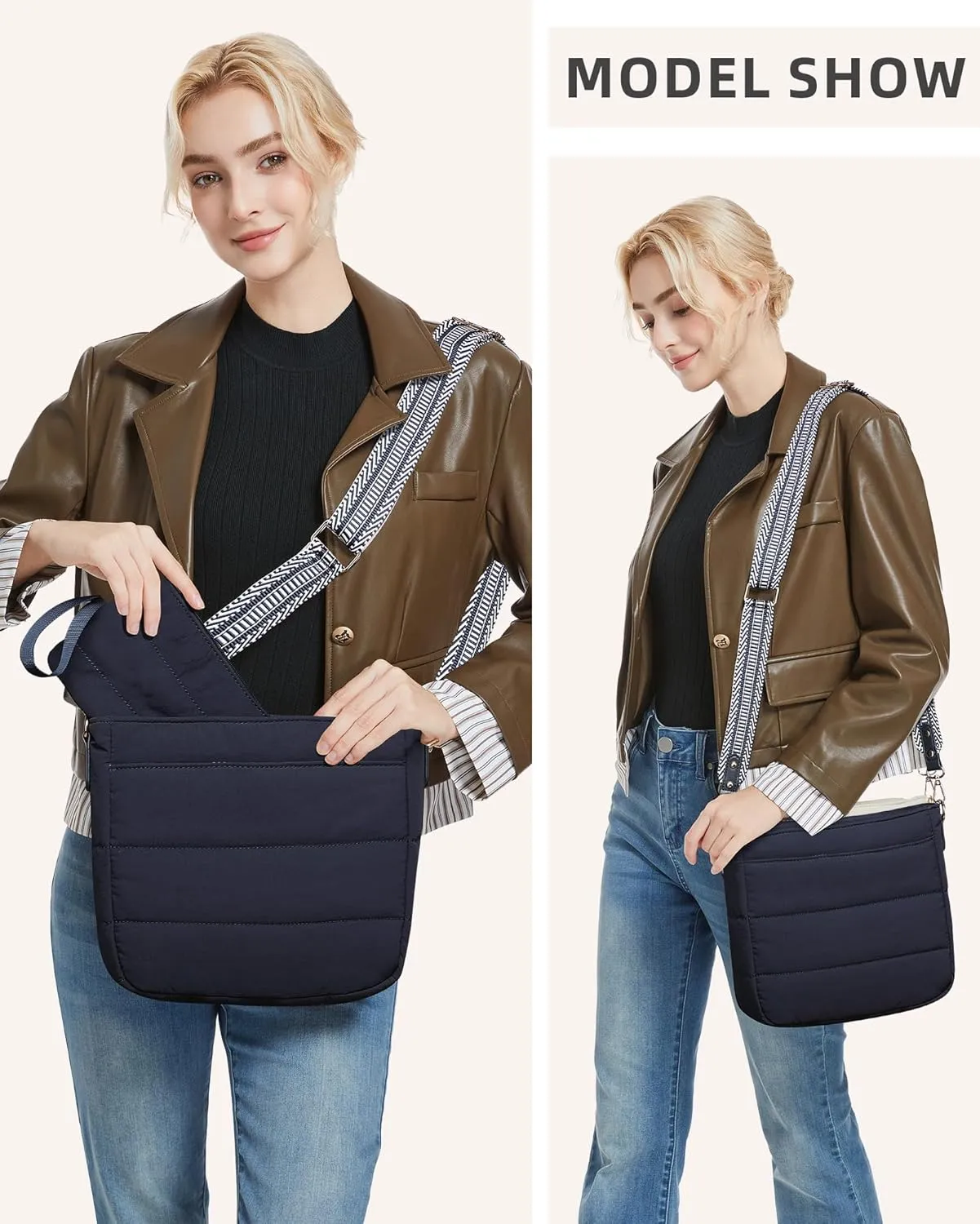 Purses for Women 2PCS Puffer Quilted Crossbody Shoulder Hobo Bags Trendy Ladies Handbag with Coin Wallet 2 Adjustable Straps