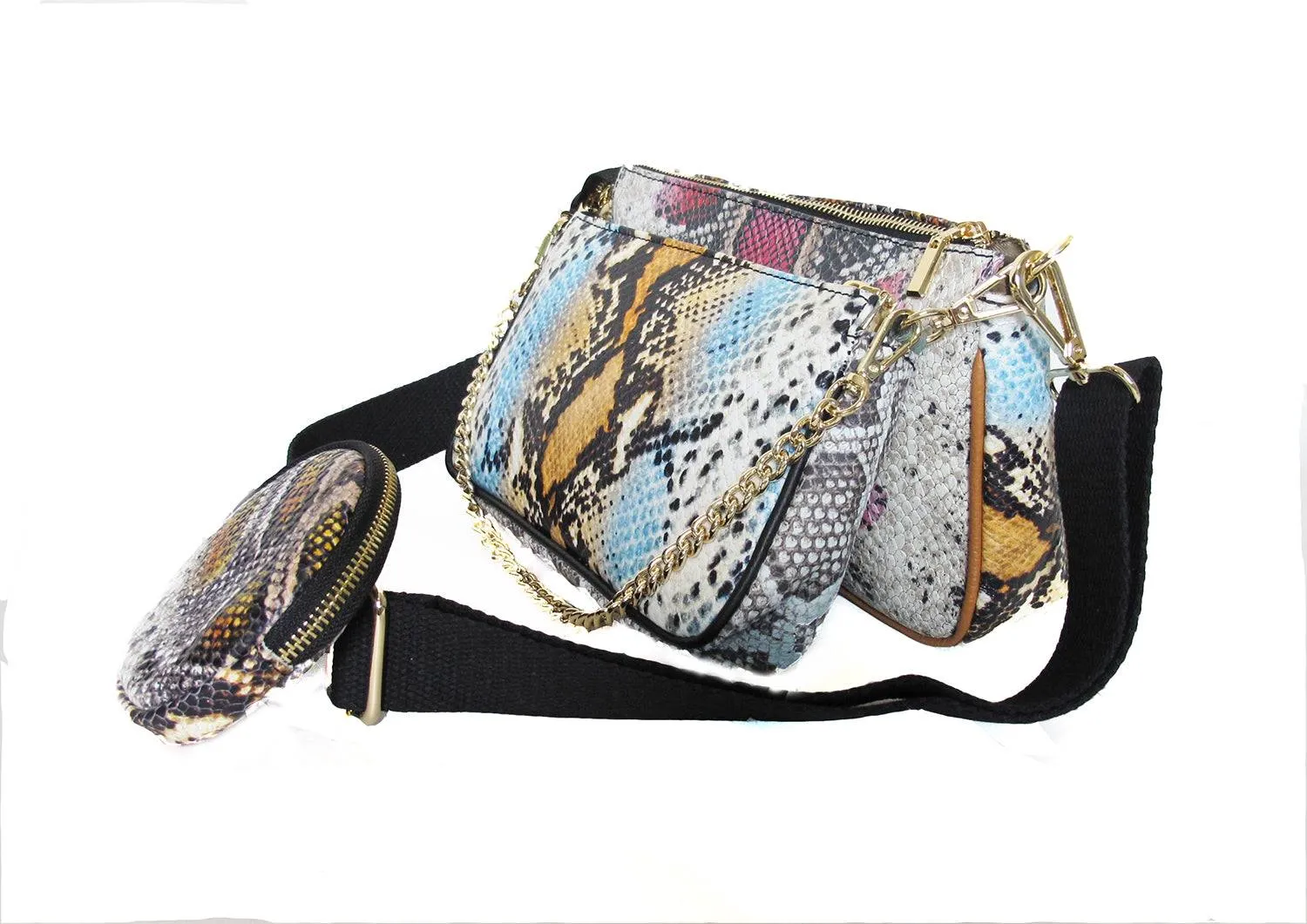 Python Embossed Multi-Color Leather Handbag Set Italian Crafted with Detachable Purse