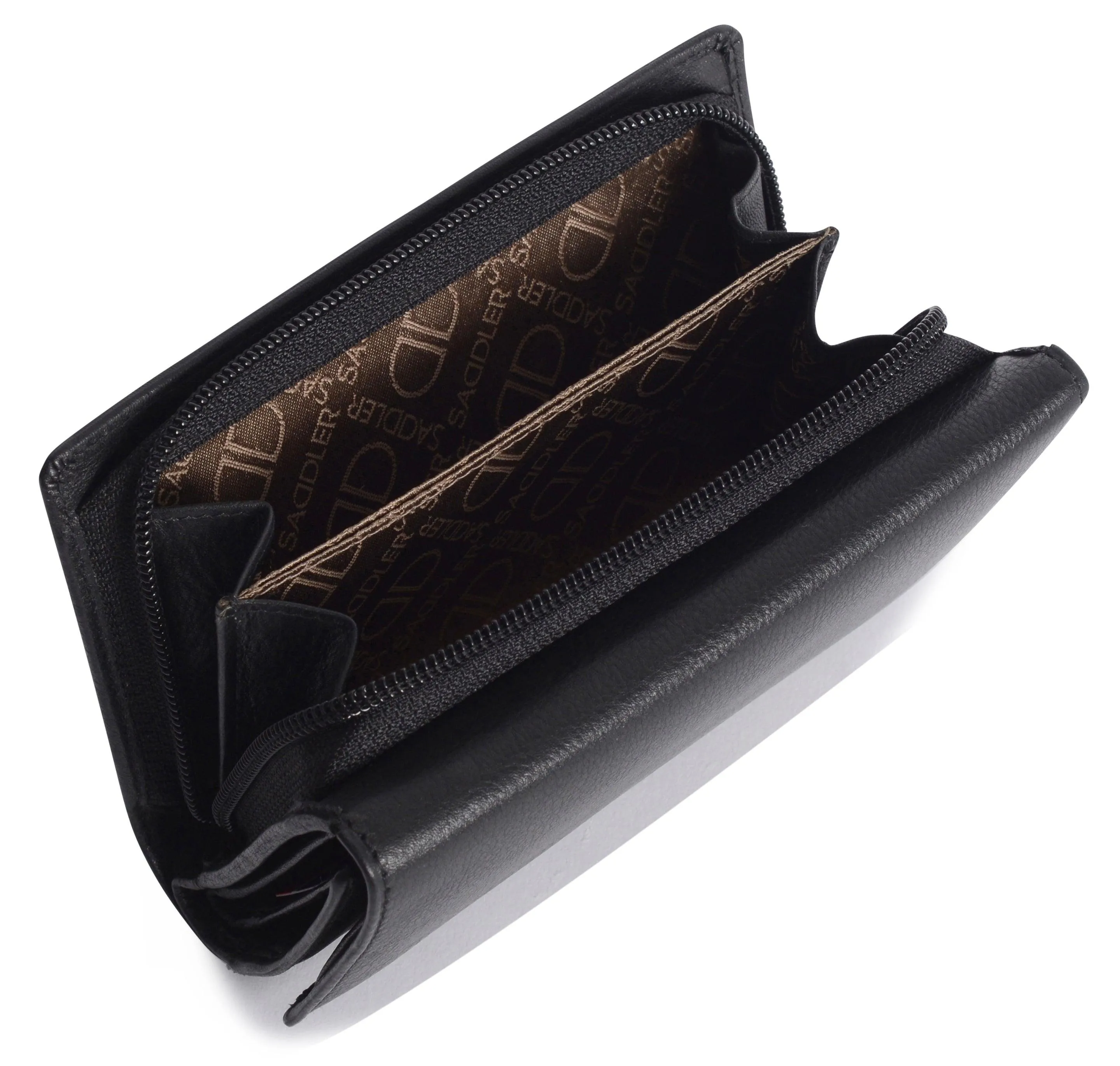 SADDLER PAULA Leather 12cm Trifold Purse - 8 Card Slots, ID Window and Rear Zip Pocket - RFID Protected