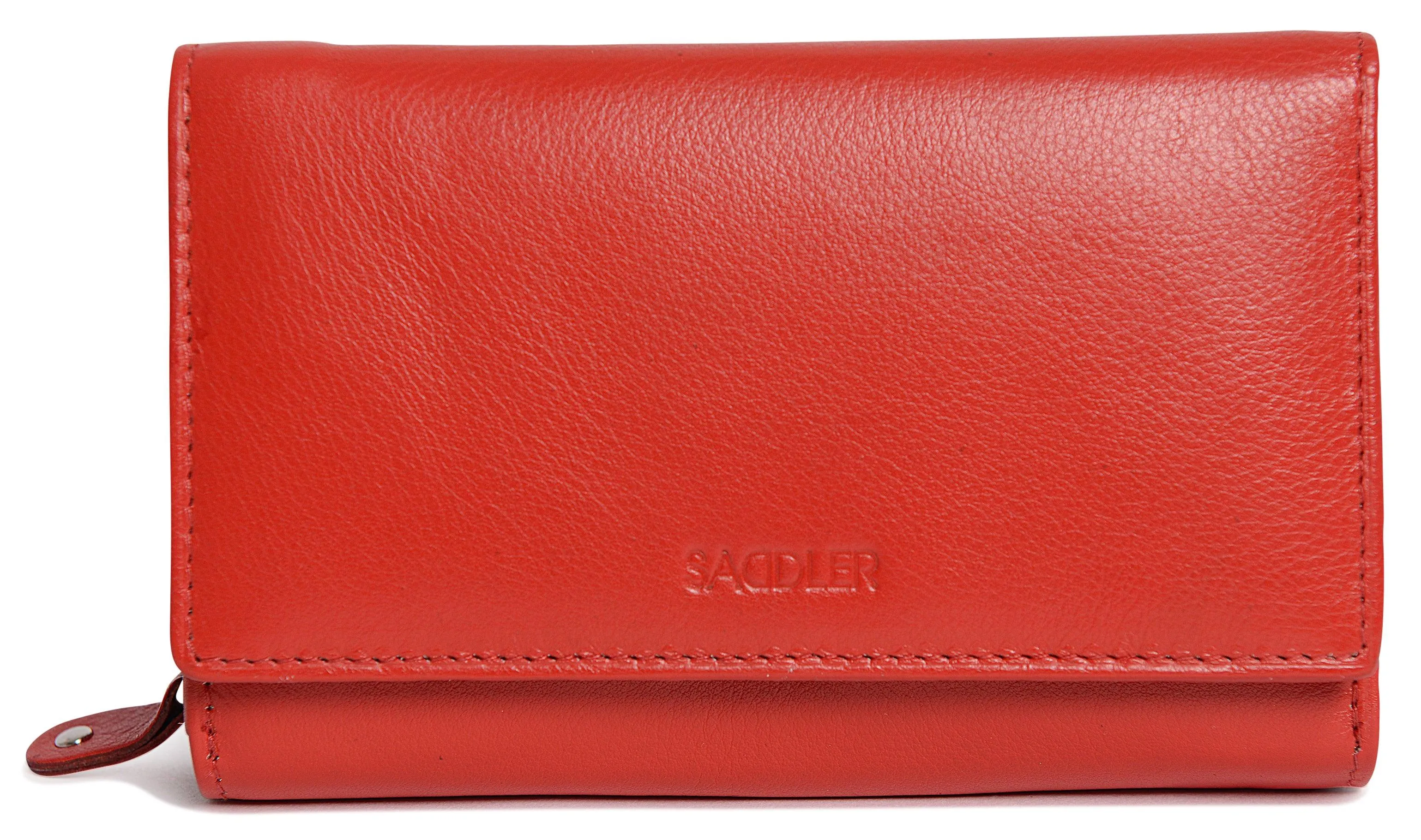 SADDLER PAULA Leather 12cm Trifold Purse - 8 Card Slots, ID Window and Rear Zip Pocket - RFID Protected