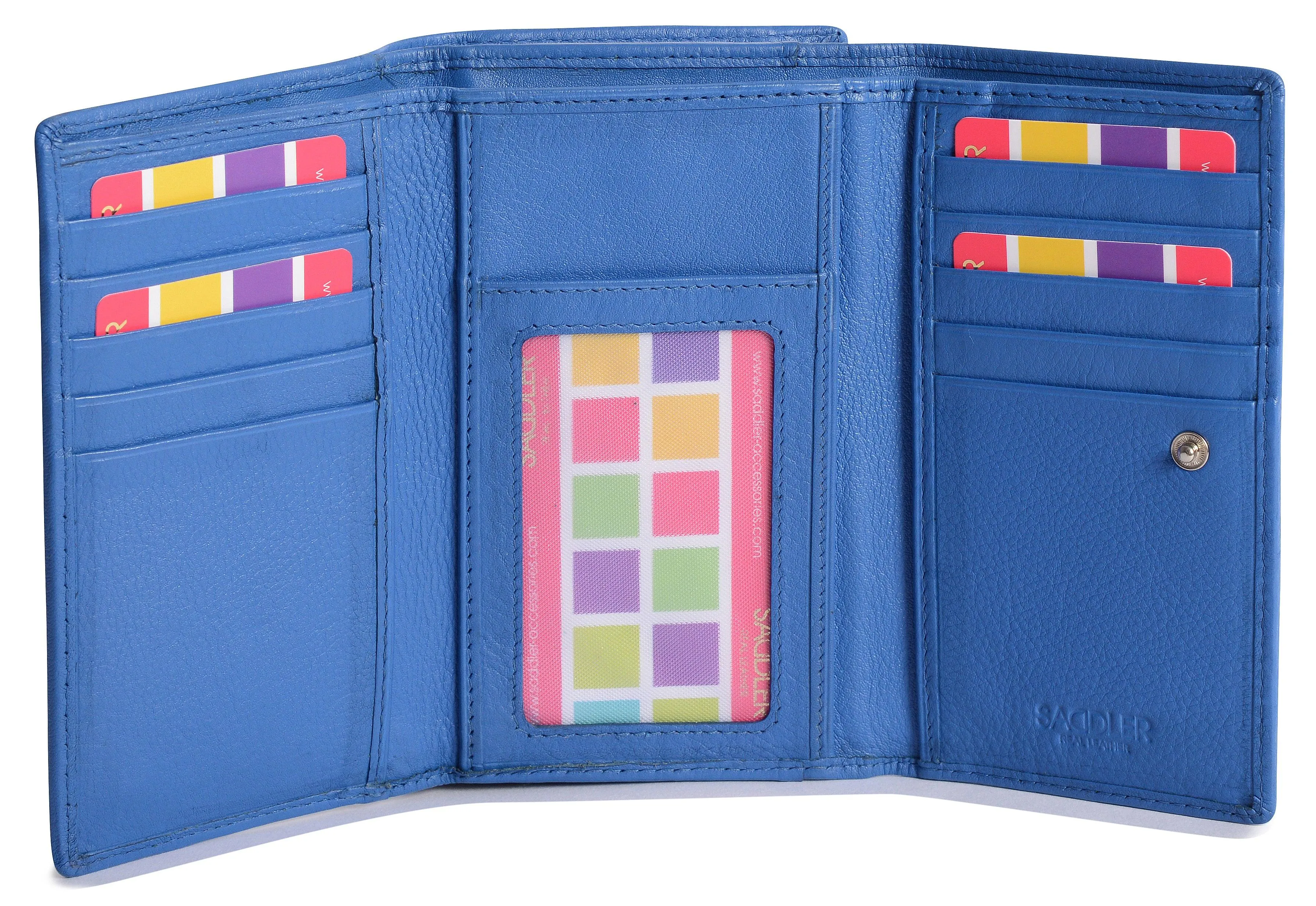 SADDLER PAULA Leather 12cm Trifold Purse - 8 Card Slots, ID Window and Rear Zip Pocket - RFID Protected