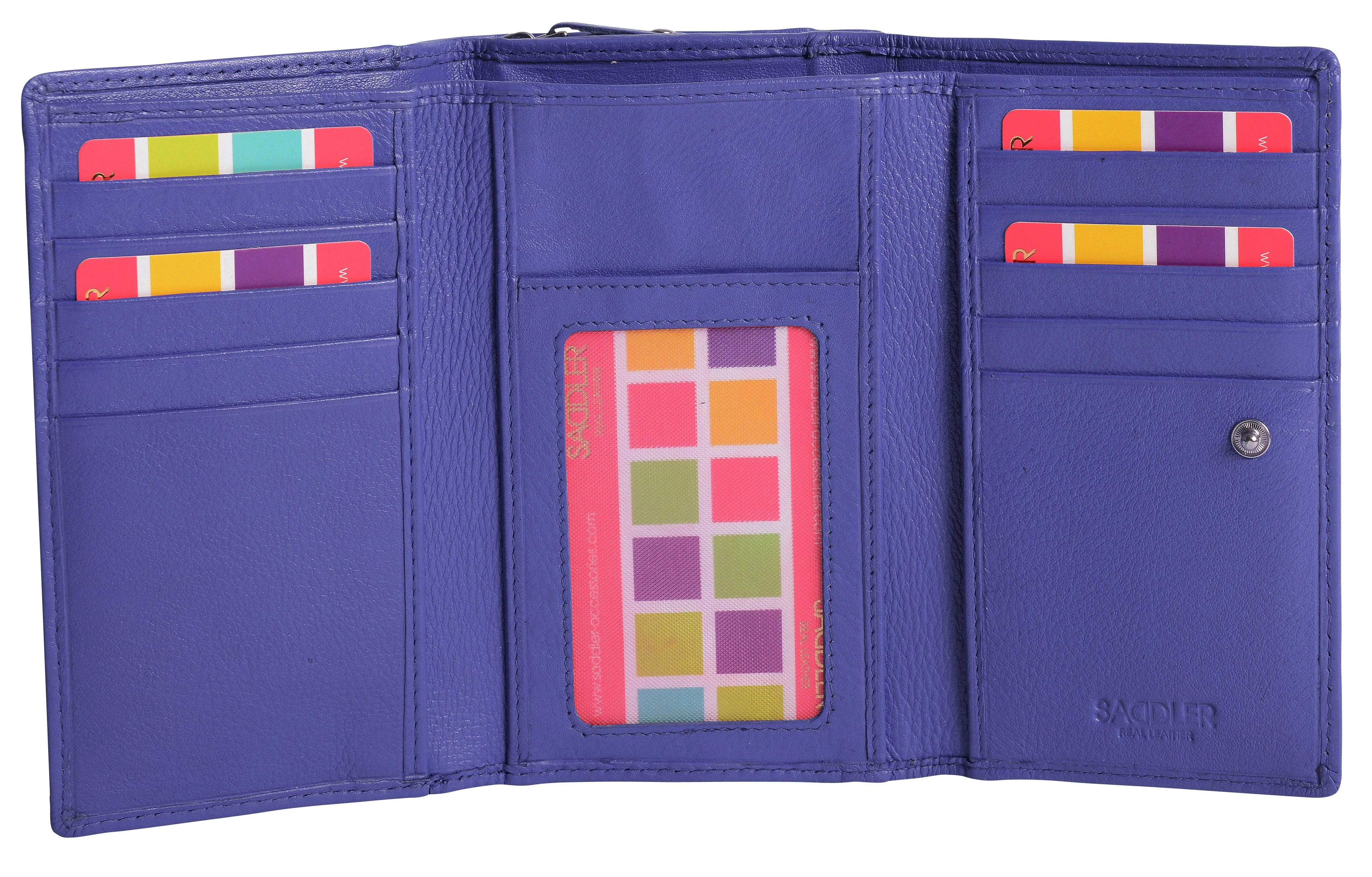 SADDLER PAULA Leather 12cm Trifold Purse - 8 Card Slots, ID Window and Rear Zip Pocket - RFID Protected