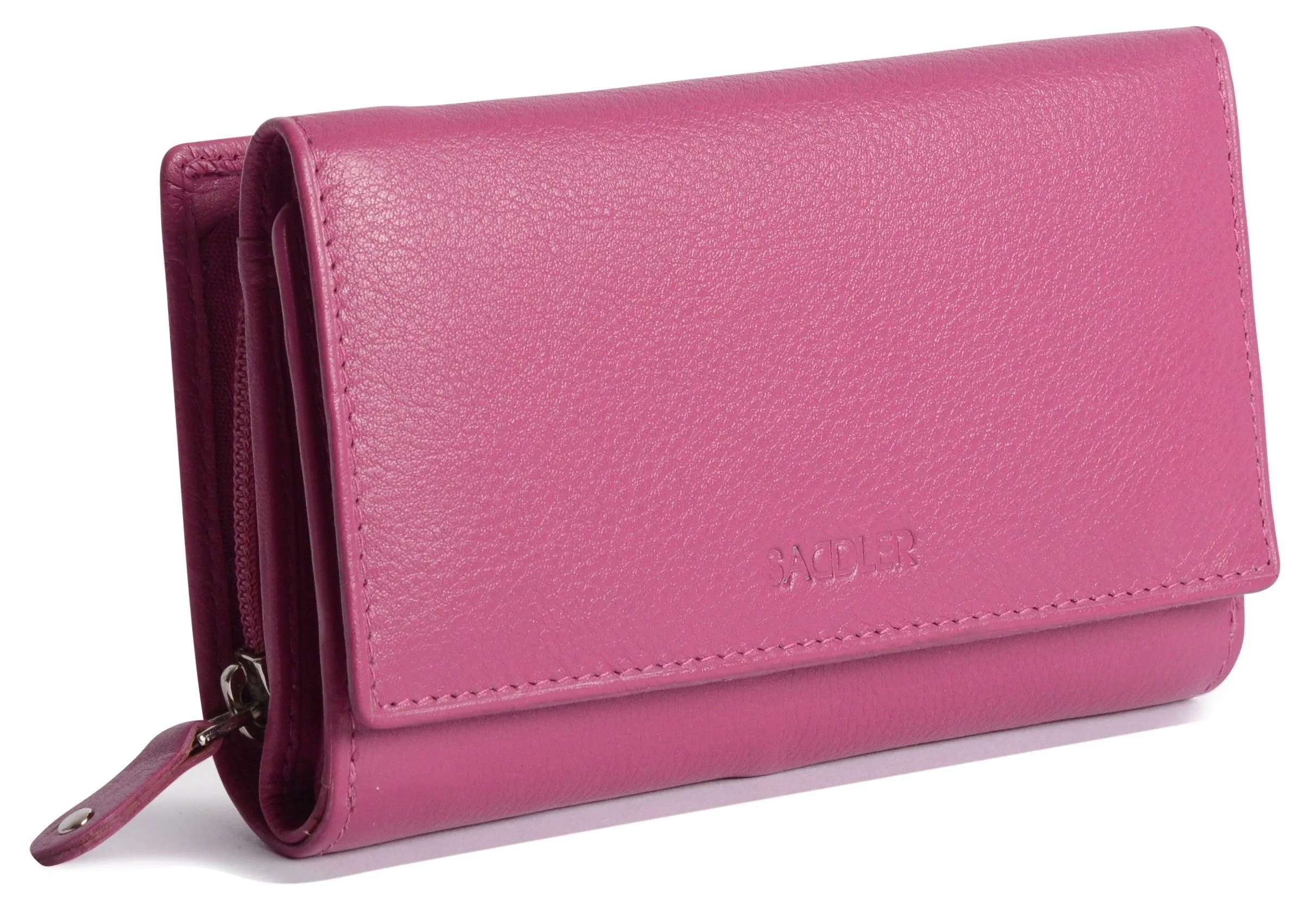 SADDLER PAULA Leather 12cm Trifold Purse - 8 Card Slots, ID Window and Rear Zip Pocket - RFID Protected