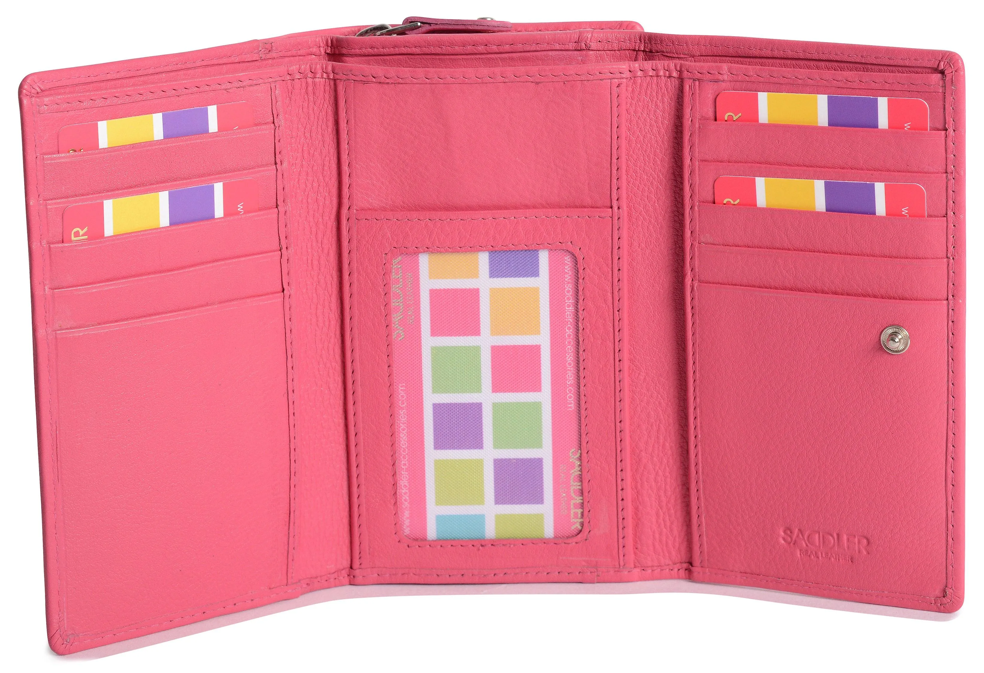 SADDLER PAULA Leather 12cm Trifold Purse - 8 Card Slots, ID Window and Rear Zip Pocket - RFID Protected