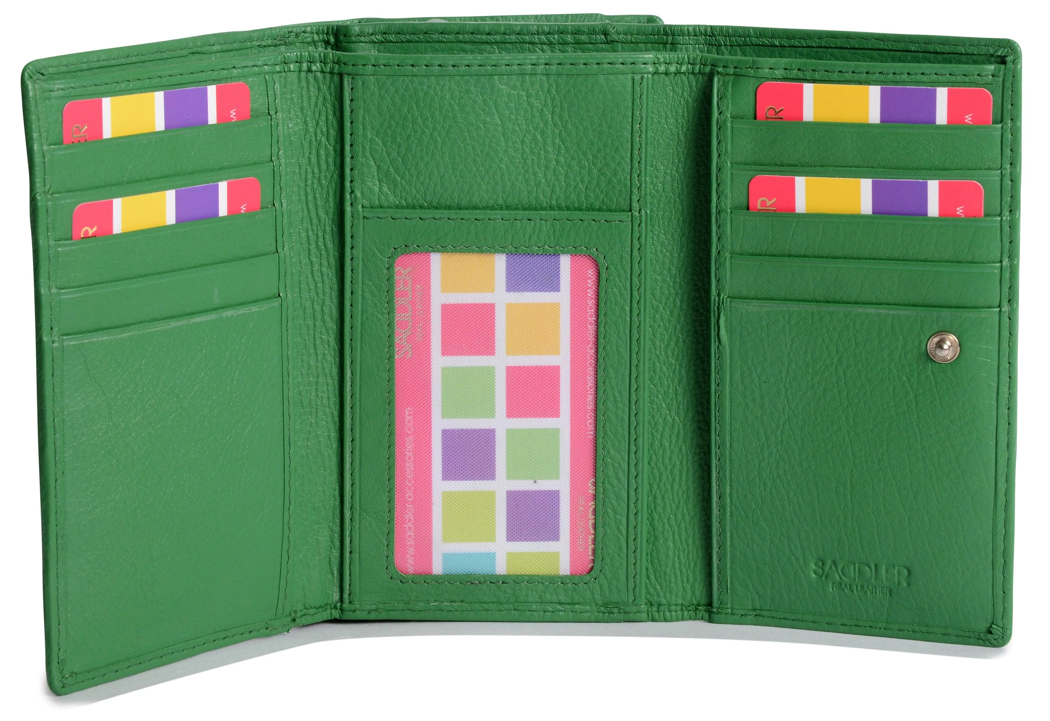SADDLER PAULA Leather 12cm Trifold Purse - 8 Card Slots, ID Window and Rear Zip Pocket - RFID Protected