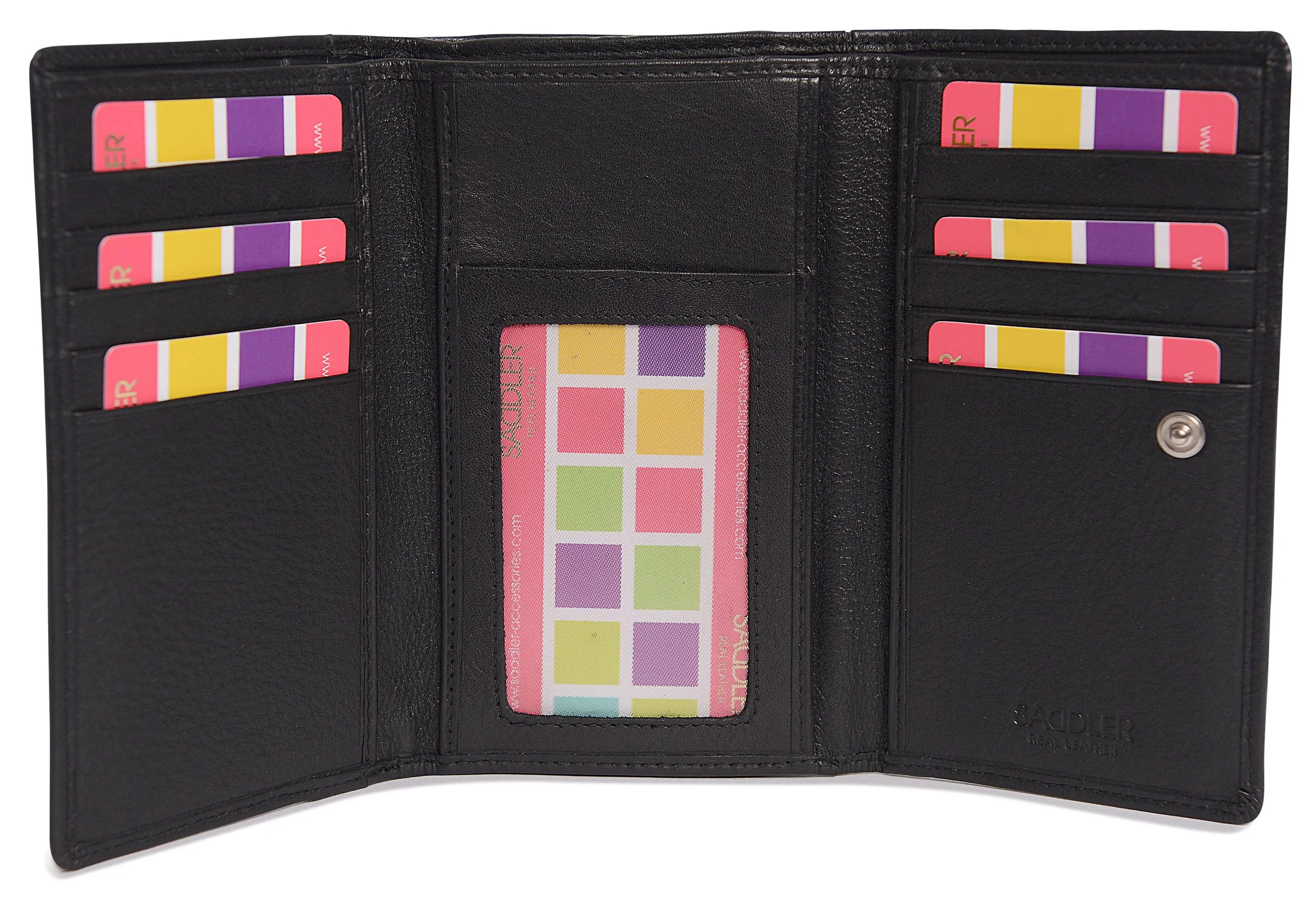 SADDLER PAULA Leather 12cm Trifold Purse - 8 Card Slots, ID Window and Rear Zip Pocket - RFID Protected