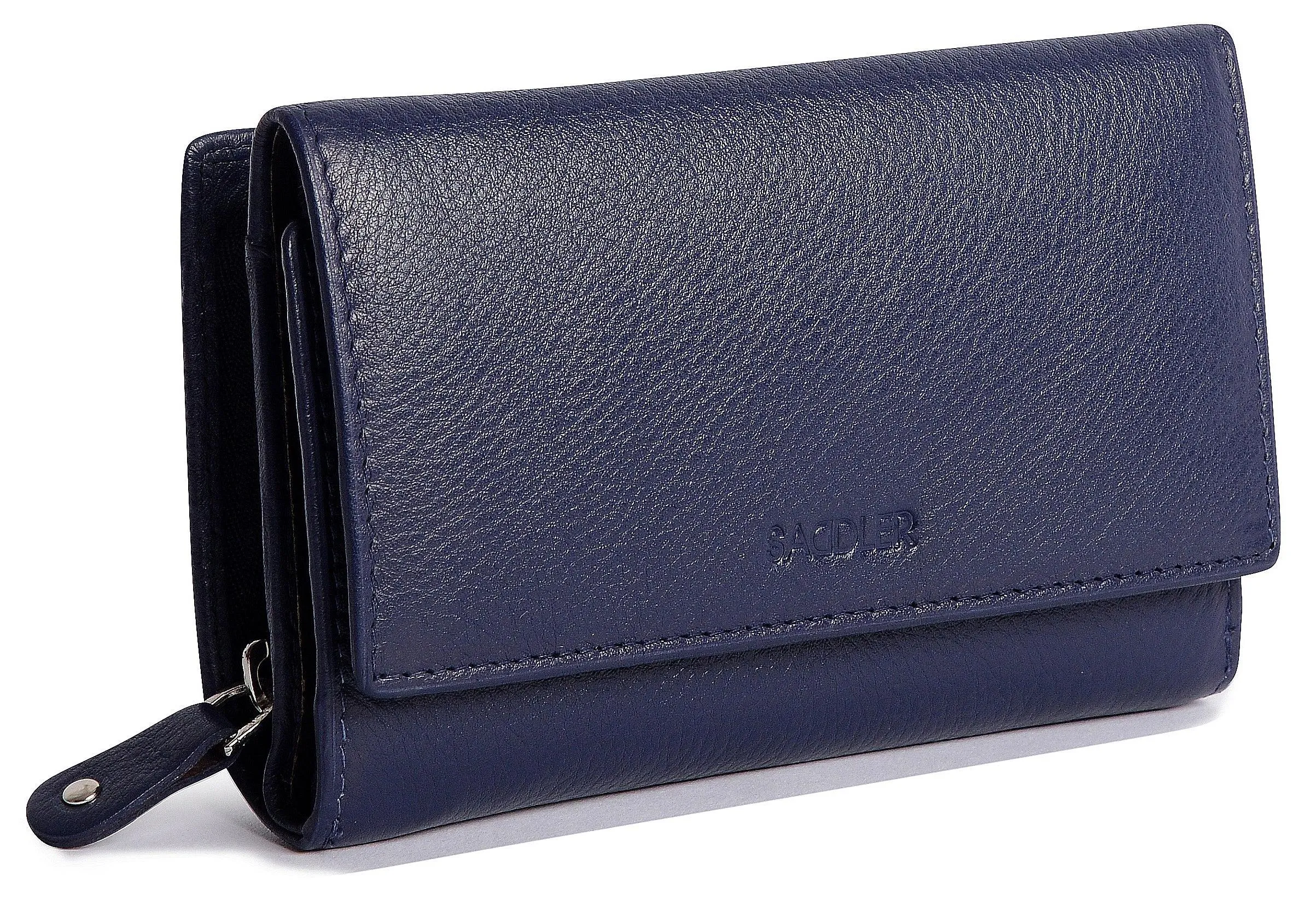 SADDLER PAULA Leather 12cm Trifold Purse - 8 Card Slots, ID Window and Rear Zip Pocket - RFID Protected