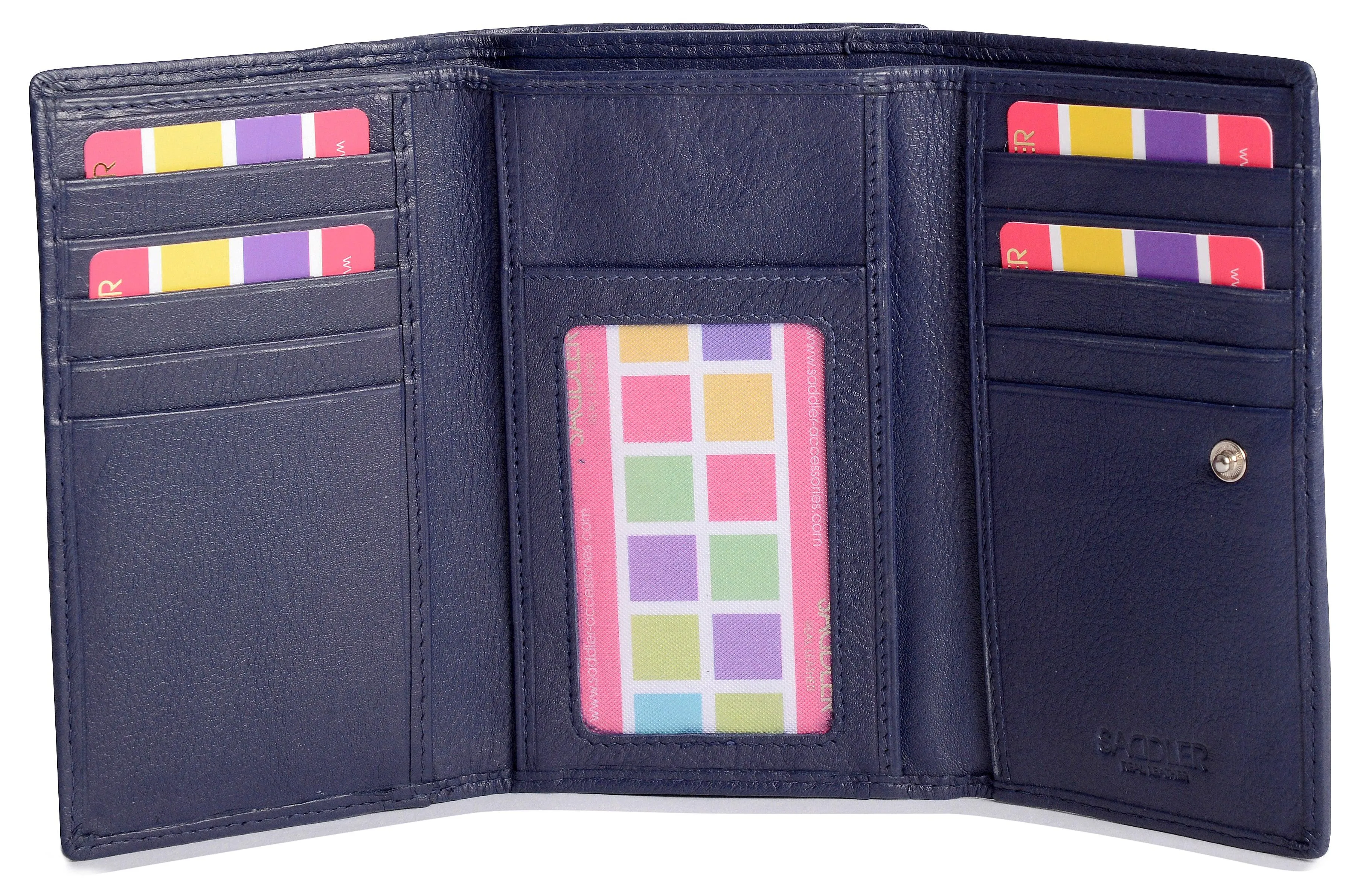 SADDLER PAULA Leather 12cm Trifold Purse - 8 Card Slots, ID Window and Rear Zip Pocket - RFID Protected