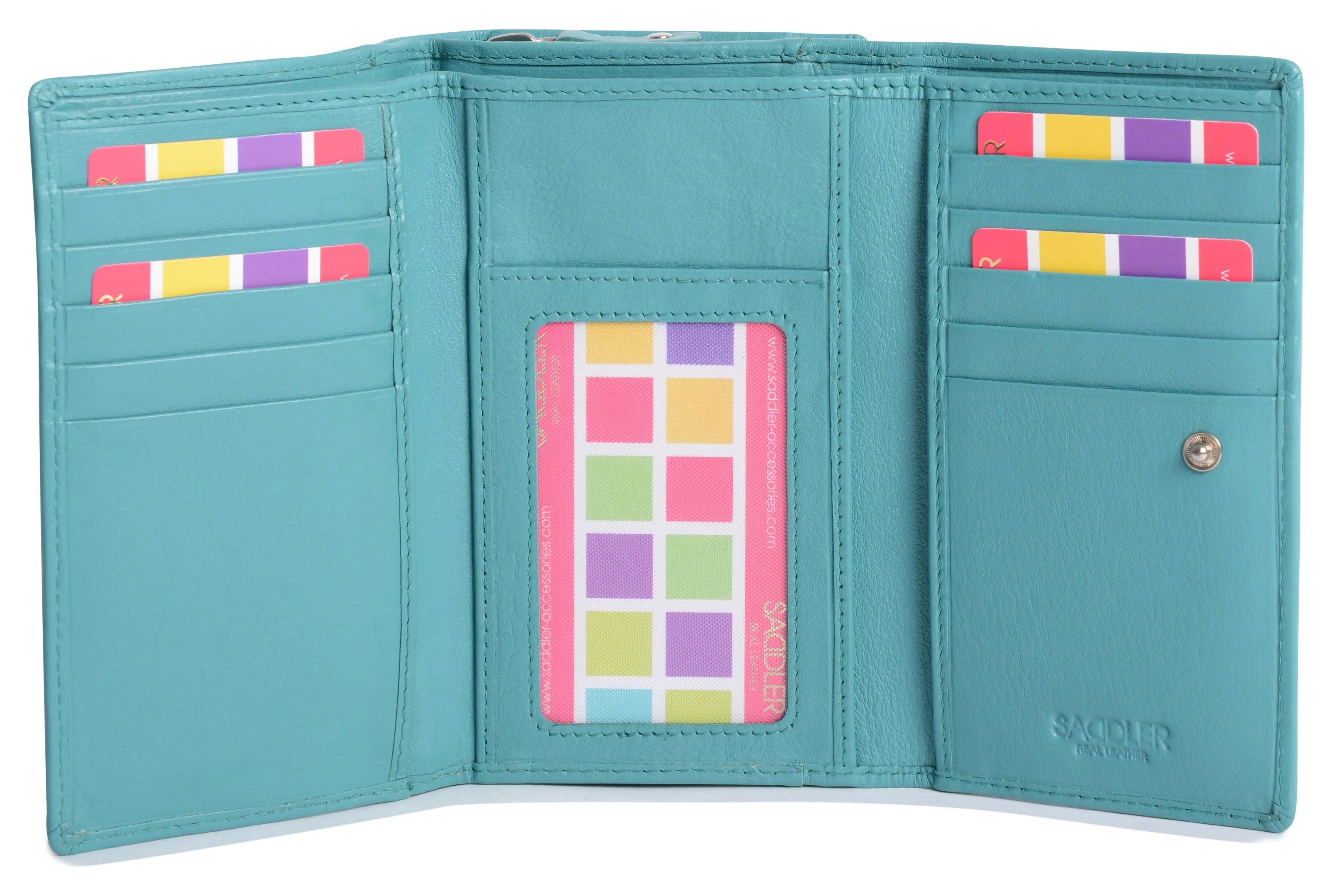 SADDLER PAULA Leather 12cm Trifold Purse - 8 Card Slots, ID Window and Rear Zip Pocket - RFID Protected