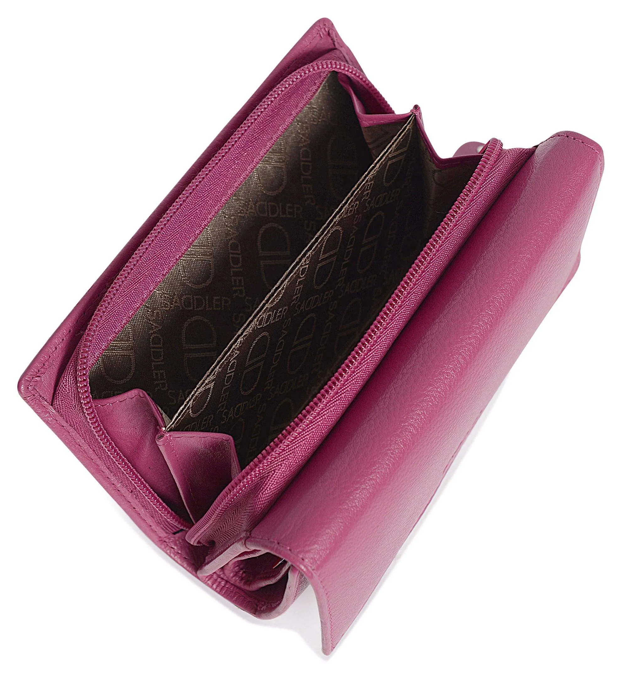 SADDLER PAULA Leather 12cm Trifold Purse - 8 Card Slots, ID Window and Rear Zip Pocket - RFID Protected