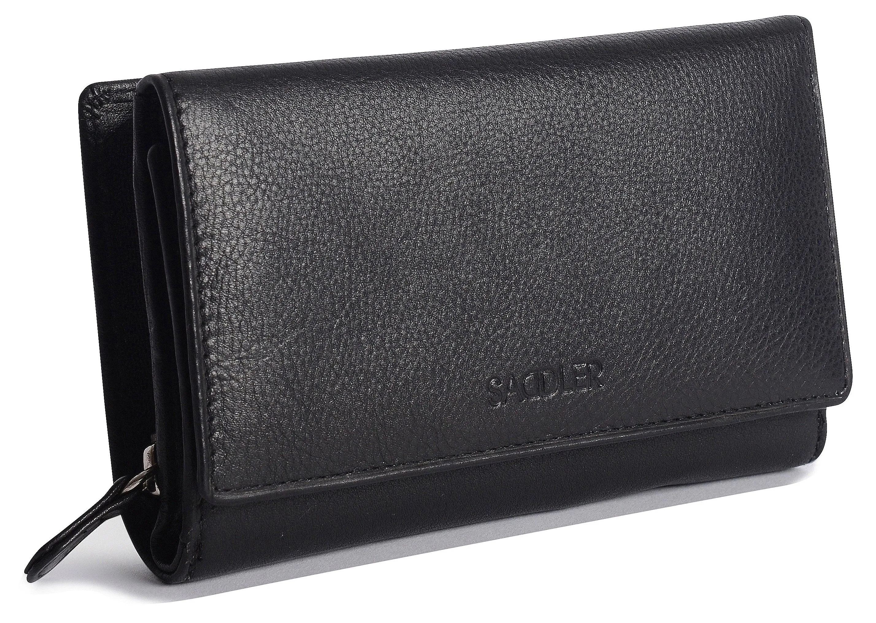 SADDLER PAULA Leather 12cm Trifold Purse - 8 Card Slots, ID Window and Rear Zip Pocket - RFID Protected