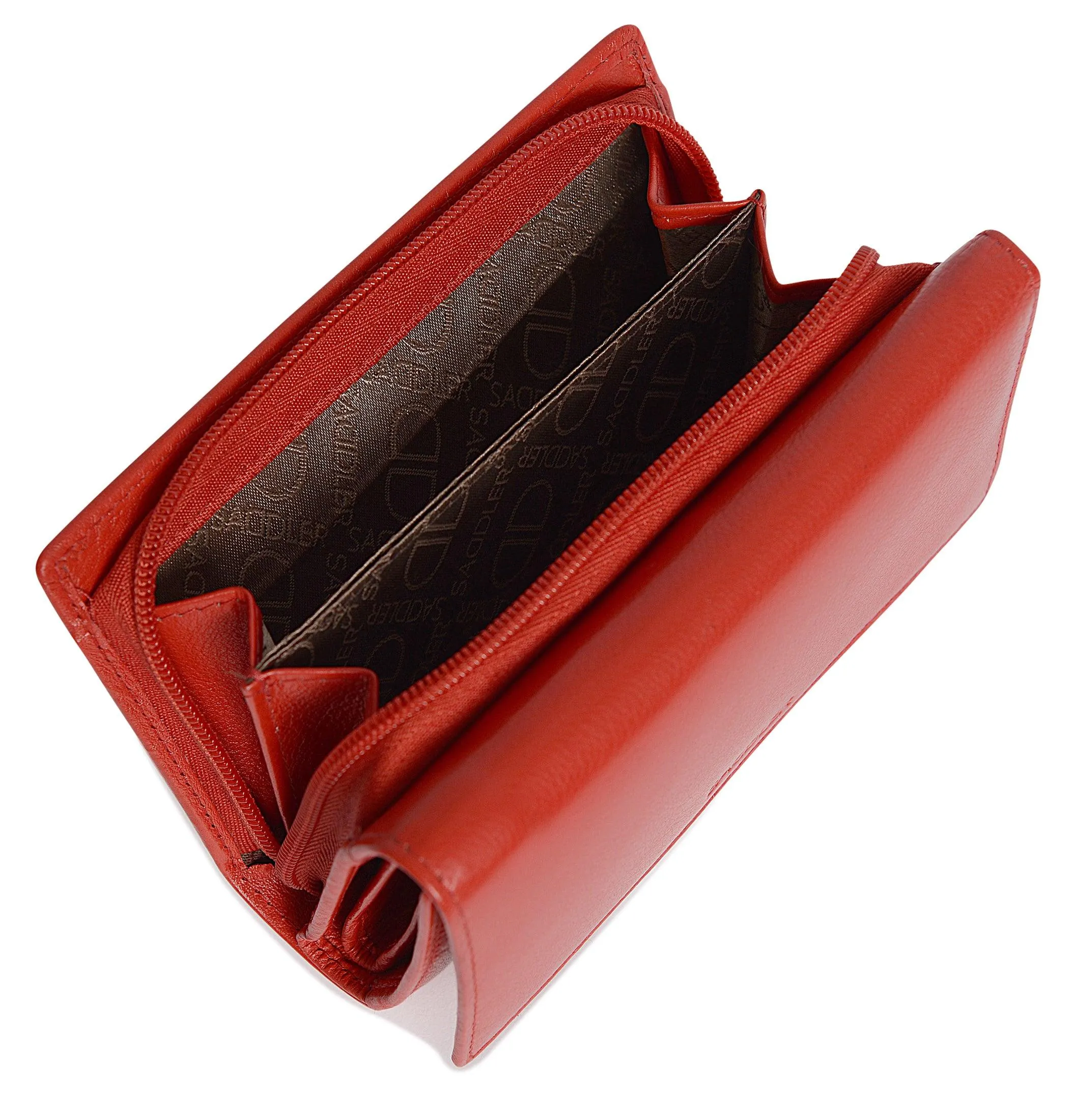 SADDLER PAULA Leather 12cm Trifold Purse - 8 Card Slots, ID Window and Rear Zip Pocket - RFID Protected