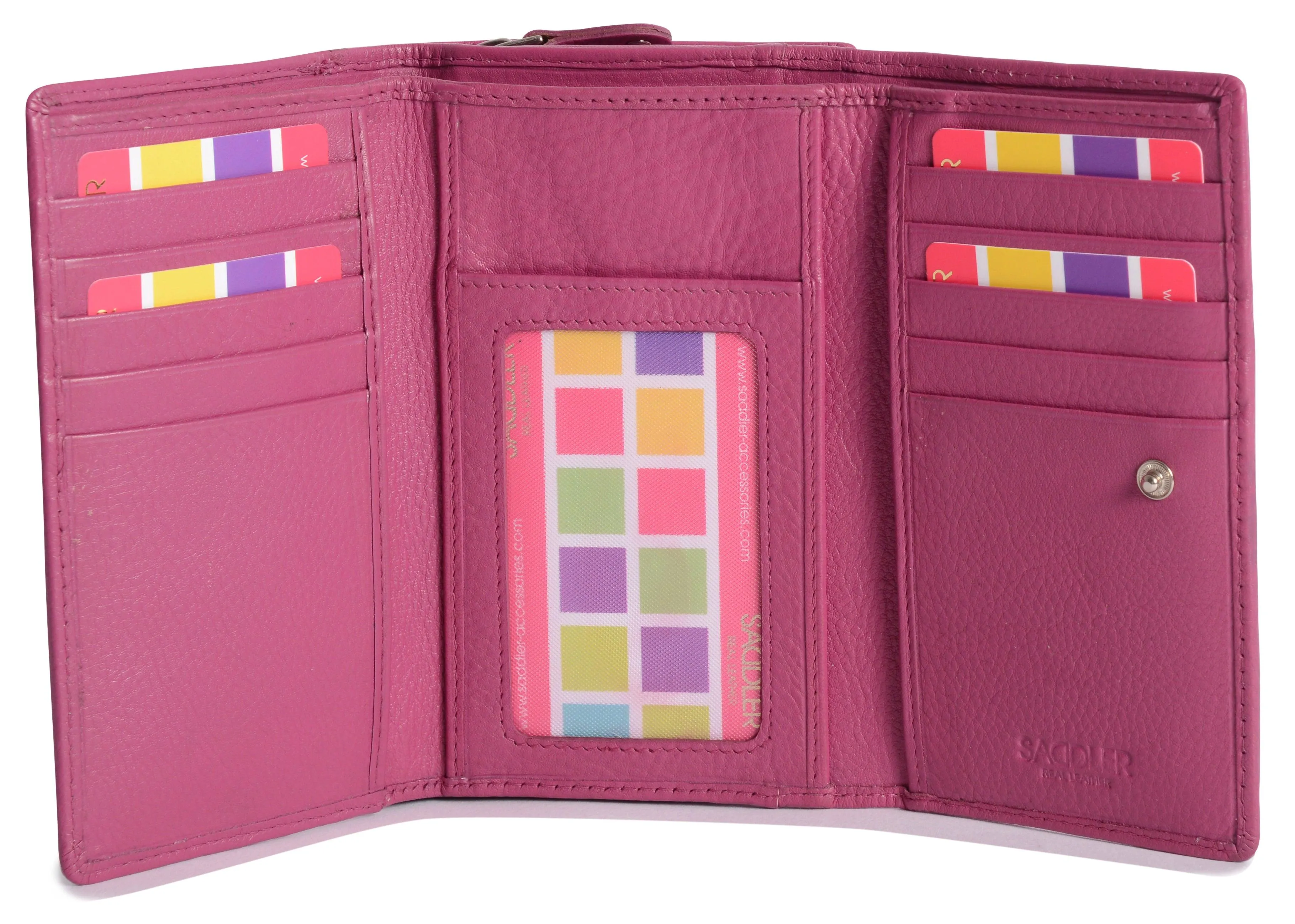 SADDLER PAULA Leather 12cm Trifold Purse - 8 Card Slots, ID Window and Rear Zip Pocket - RFID Protected