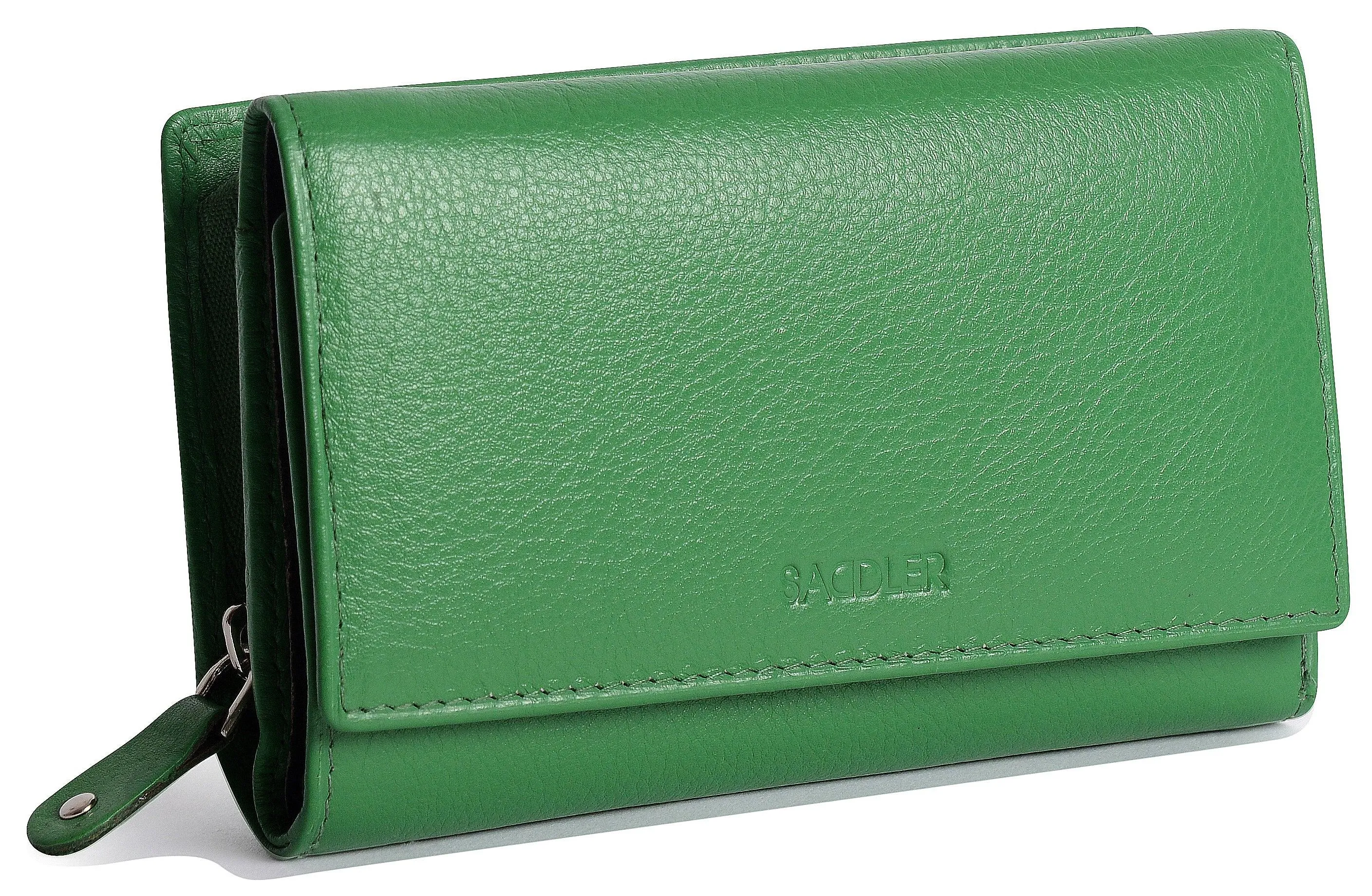 SADDLER PAULA Leather 12cm Trifold Purse - 8 Card Slots, ID Window and Rear Zip Pocket - RFID Protected