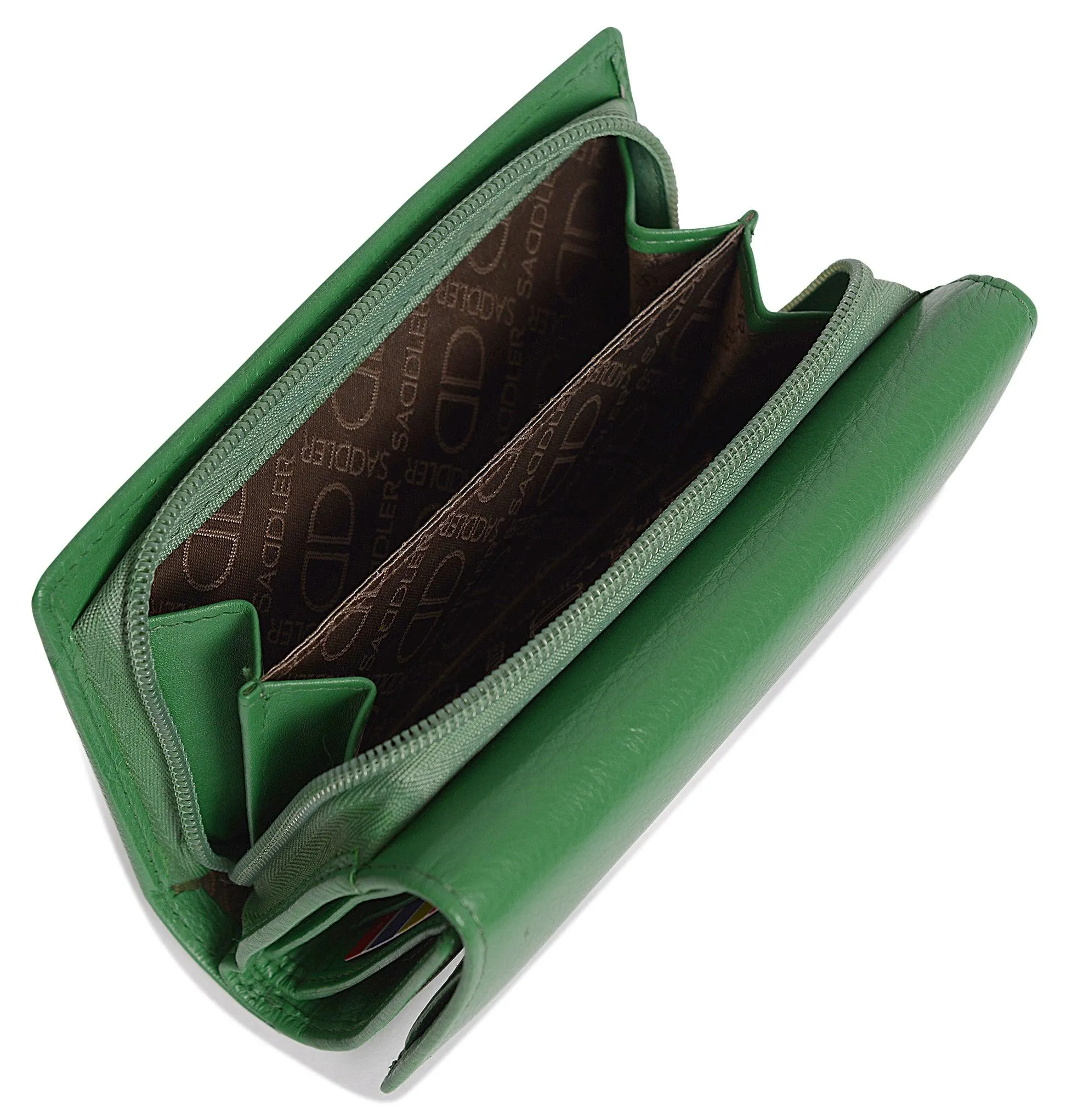 SADDLER PAULA Leather 12cm Trifold Purse - 8 Card Slots, ID Window and Rear Zip Pocket - RFID Protected