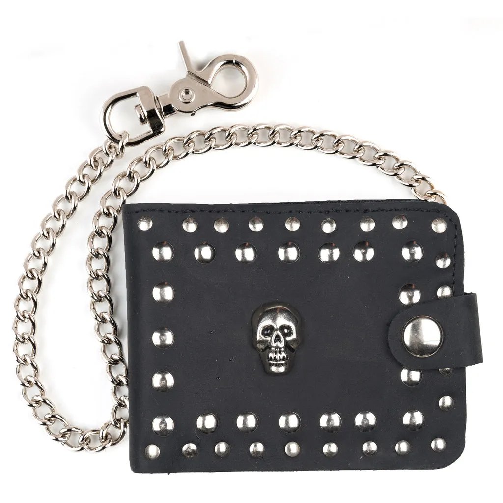 Skull Stud Black Leather Snap Wallet