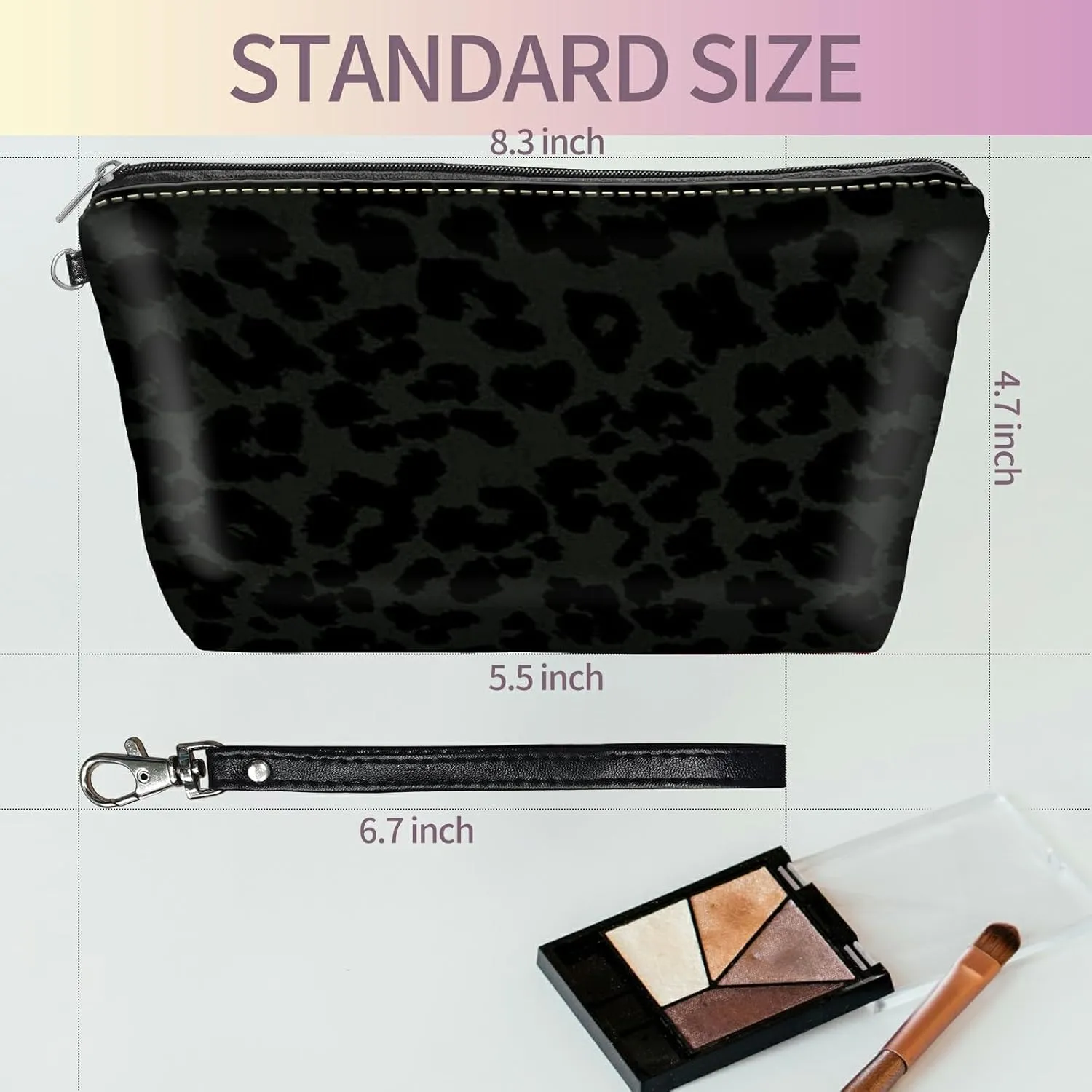 Small Makeup Bag with Wrist Strap, Black Leopards Cosmetic Bags Toiletry Organizer Bag Waterproof Makeup Pouch with Zipper Travel Accessories Stocking Stuffers Gift for Women