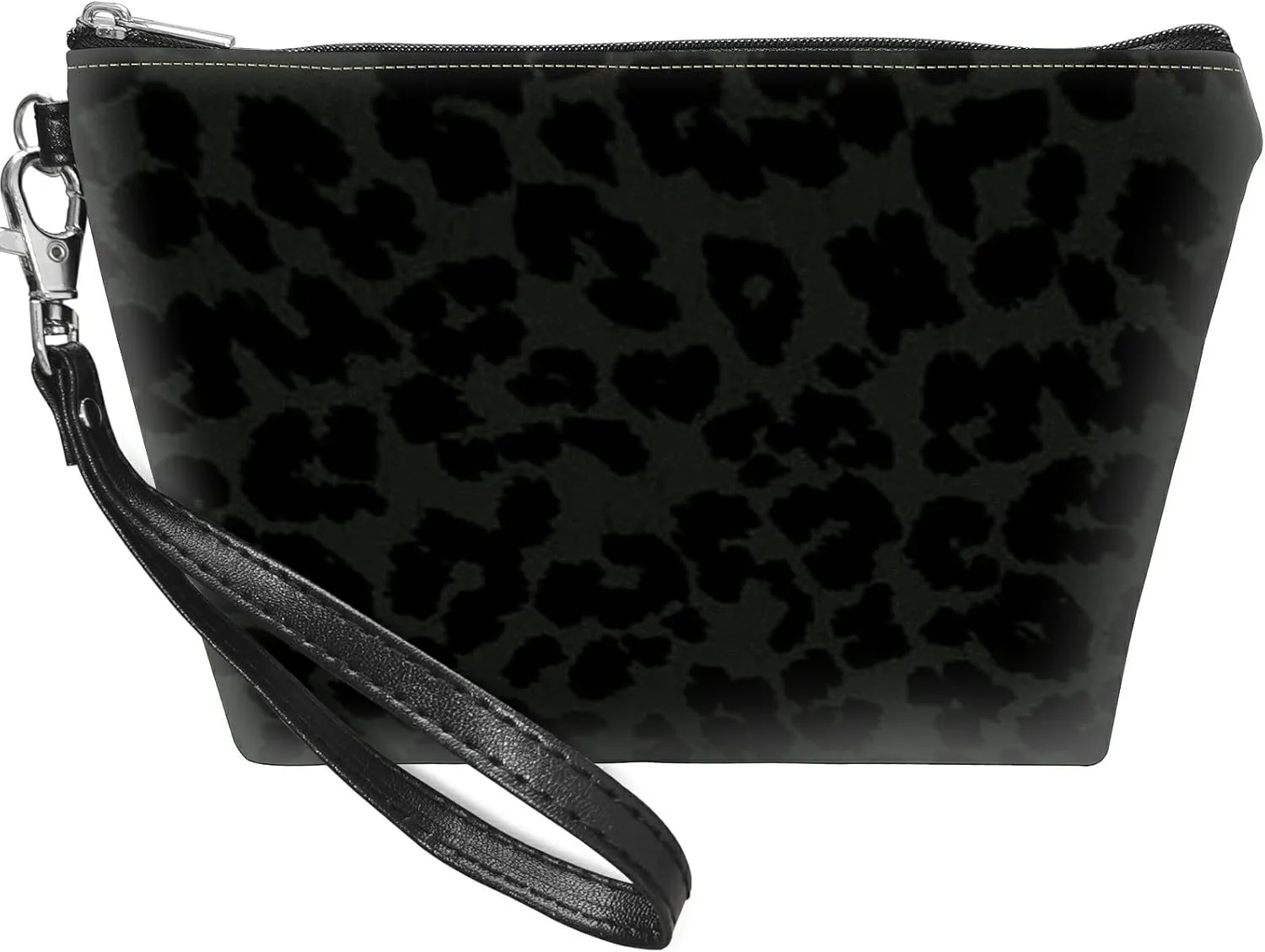 Small Makeup Bag with Wrist Strap, Black Leopards Cosmetic Bags Toiletry Organizer Bag Waterproof Makeup Pouch with Zipper Travel Accessories Stocking Stuffers Gift for Women