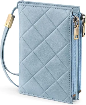 Small Wallet for Women RFID Blocking Leather Trifold Compact Ladies Wristlet Card Wallets with Dual Zipper Coin Pocket ID Window