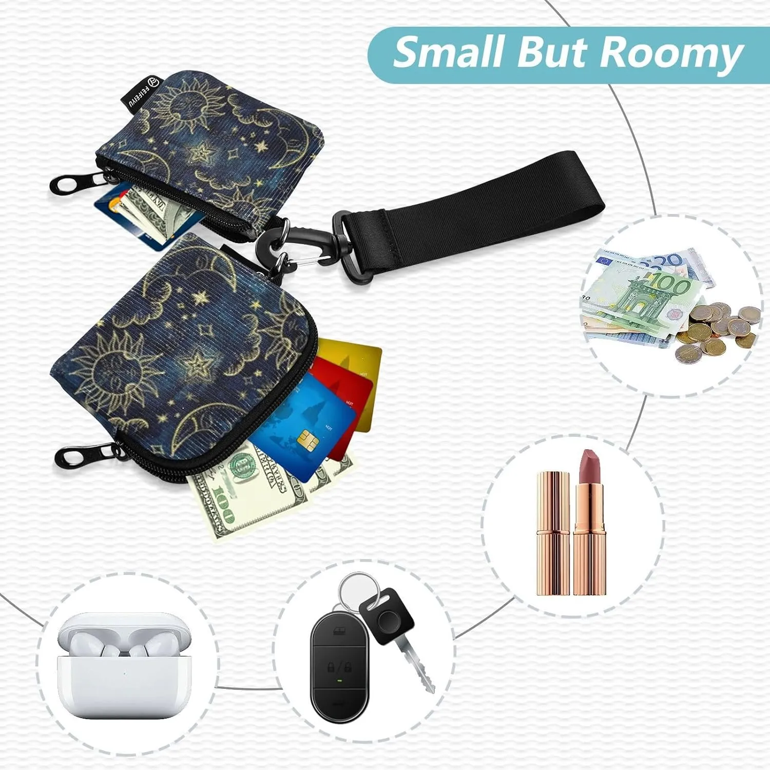 Soleil Cosmos Astrology Wristlet Wallet for Women, Detachable Dual Pouch Wristlet, Mini Zip Around Wallet Portable Coin Purses