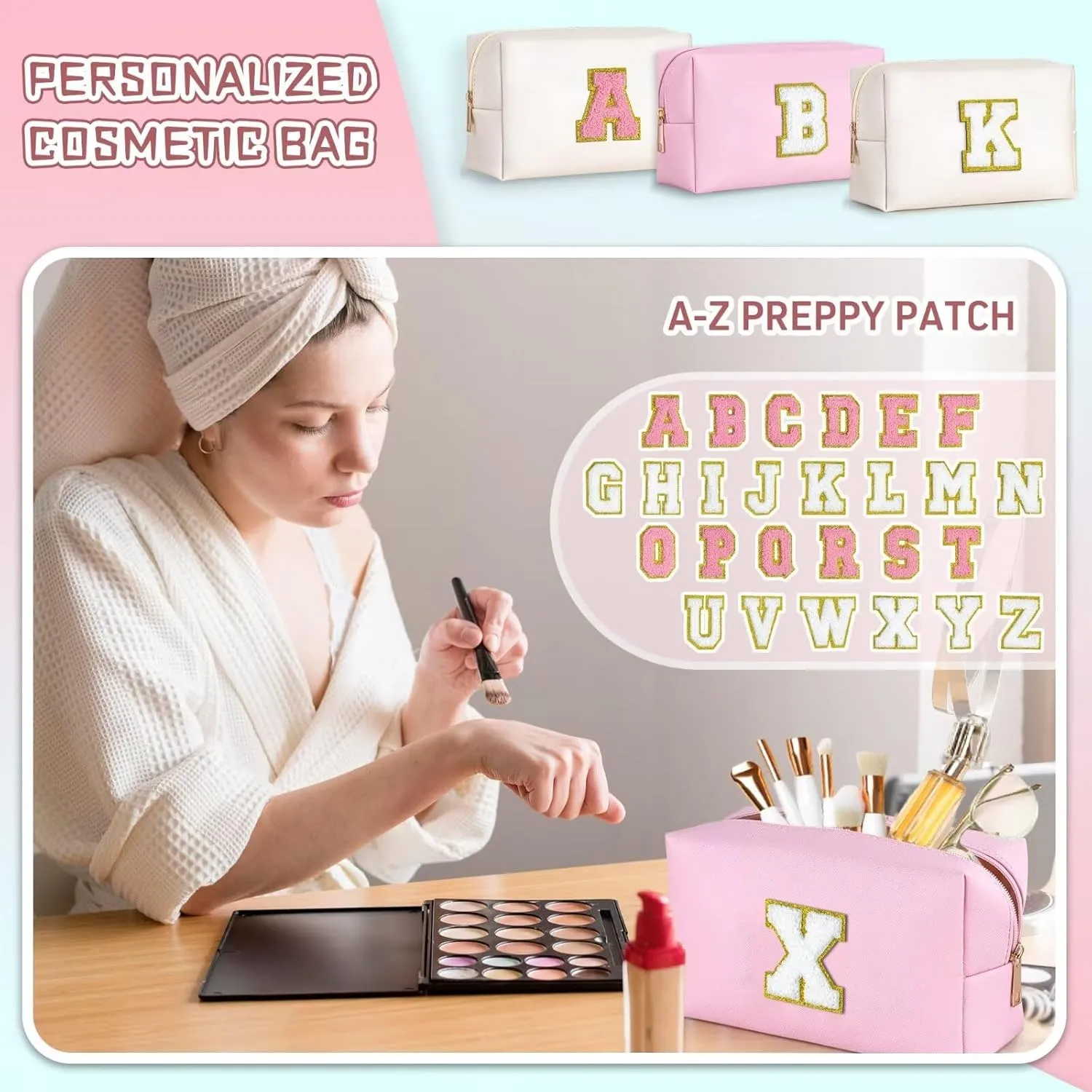TOPEAST Graduation Gifts - Initial Makeup Bag, Birthday Gifts for 4 5 6 7 8 9 10 11 12 Year Old Girls, Personalized Preppy Cosmetic Bag | Leather Toiletry Bag (Pink A)