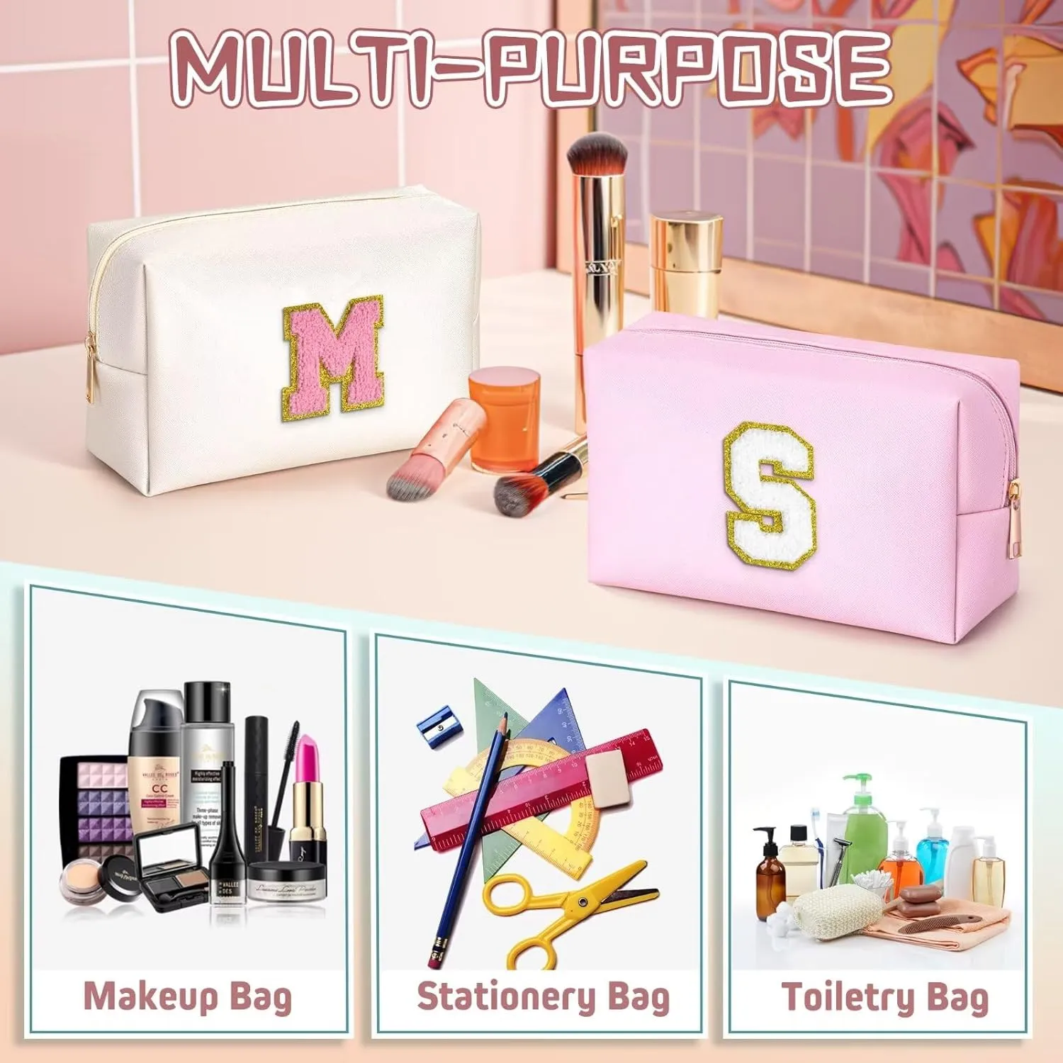 TOPEAST Graduation Gifts - Initial Makeup Bag, Birthday Gifts for 4 5 6 7 8 9 10 11 12 Year Old Girls, Personalized Preppy Cosmetic Bag | Leather Toiletry Bag (Pink A)