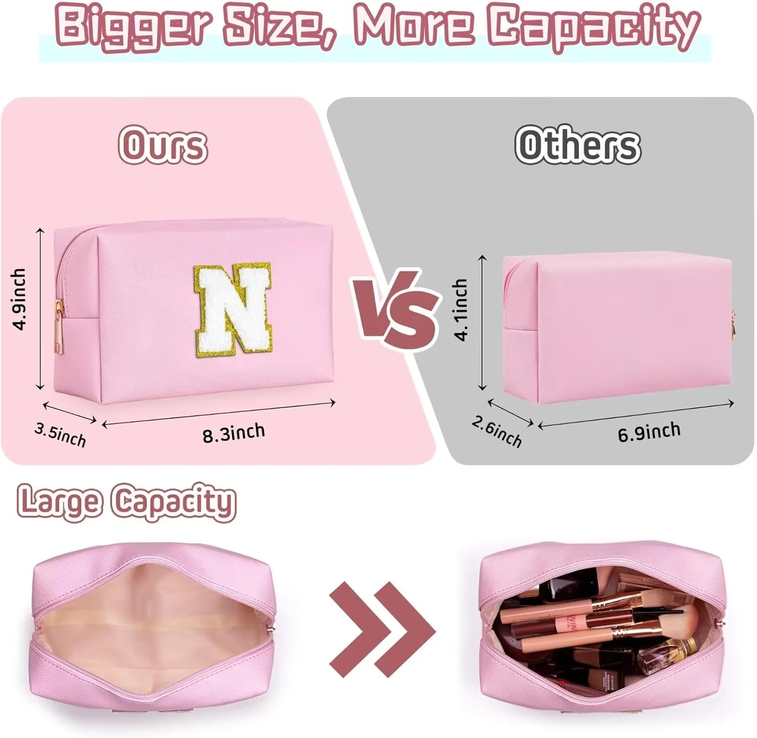 TOPEAST Graduation Gifts - Initial Makeup Bag, Birthday Gifts for 4 5 6 7 8 9 10 11 12 Year Old Girls, Personalized Preppy Cosmetic Bag | Leather Toiletry Bag (Pink A)