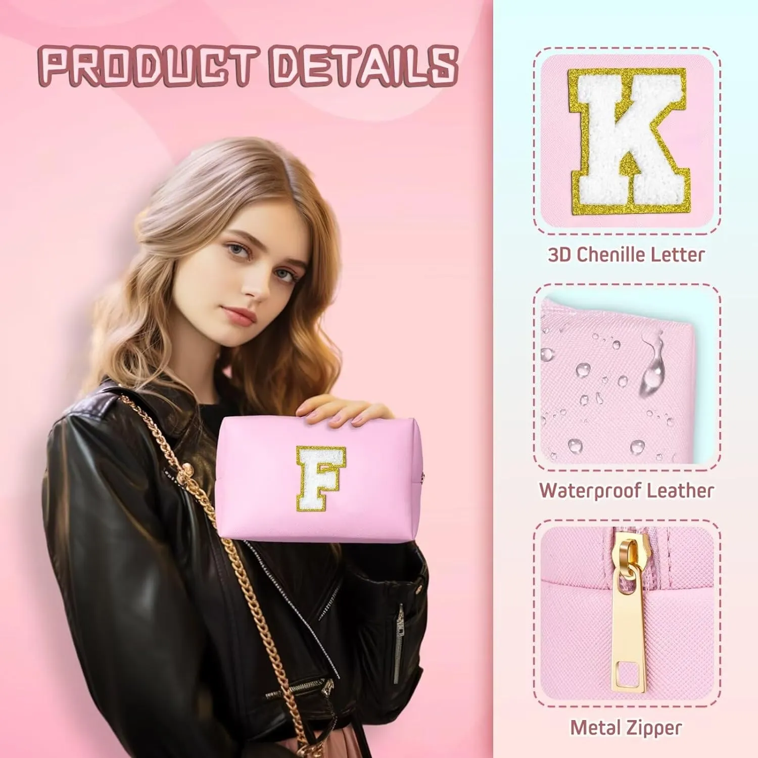 TOPEAST Graduation Gifts - Initial Makeup Bag, Birthday Gifts for 4 5 6 7 8 9 10 11 12 Year Old Girls, Personalized Preppy Cosmetic Bag | Leather Toiletry Bag (Pink A)