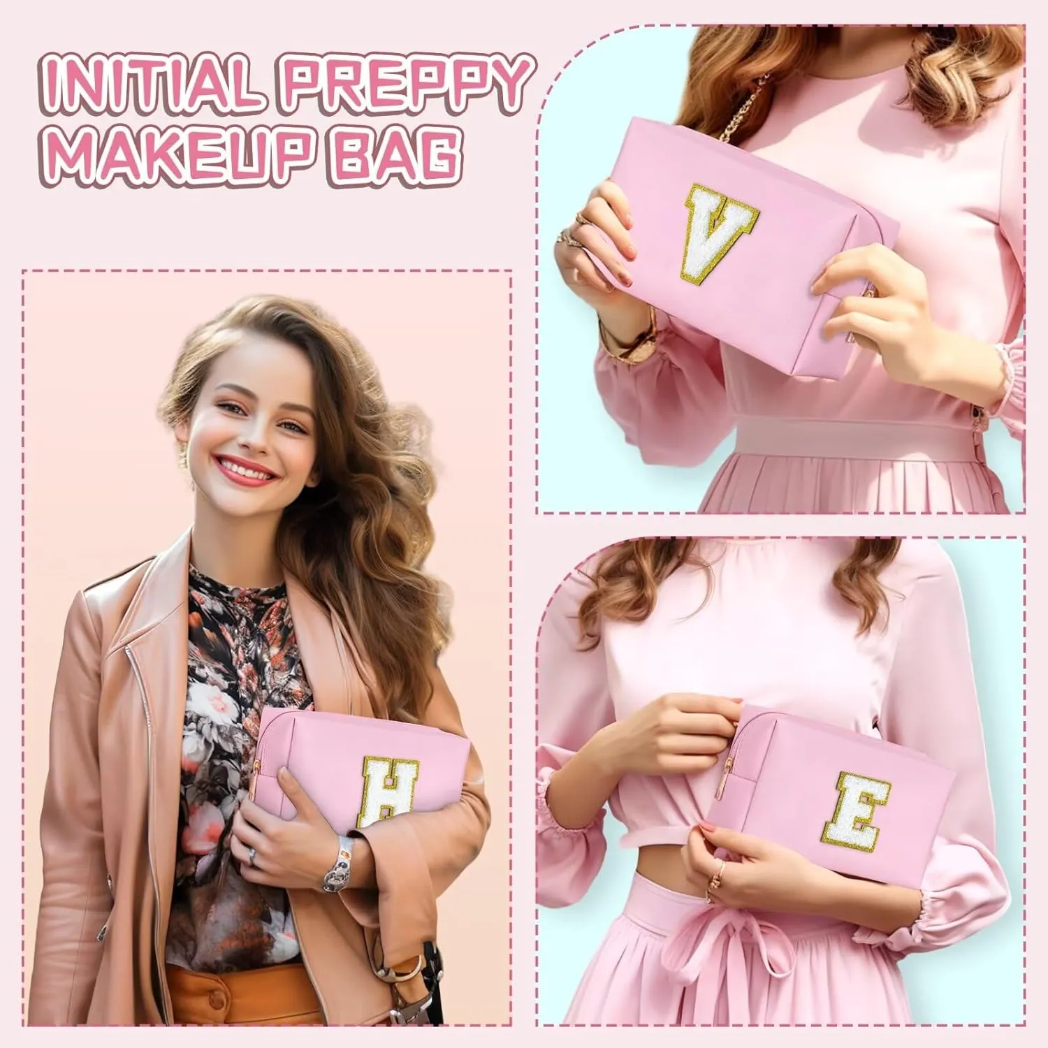 TOPEAST Graduation Gifts - Initial Makeup Bag, Birthday Gifts for 4 5 6 7 8 9 10 11 12 Year Old Girls, Personalized Preppy Cosmetic Bag | Leather Toiletry Bag (Pink A)