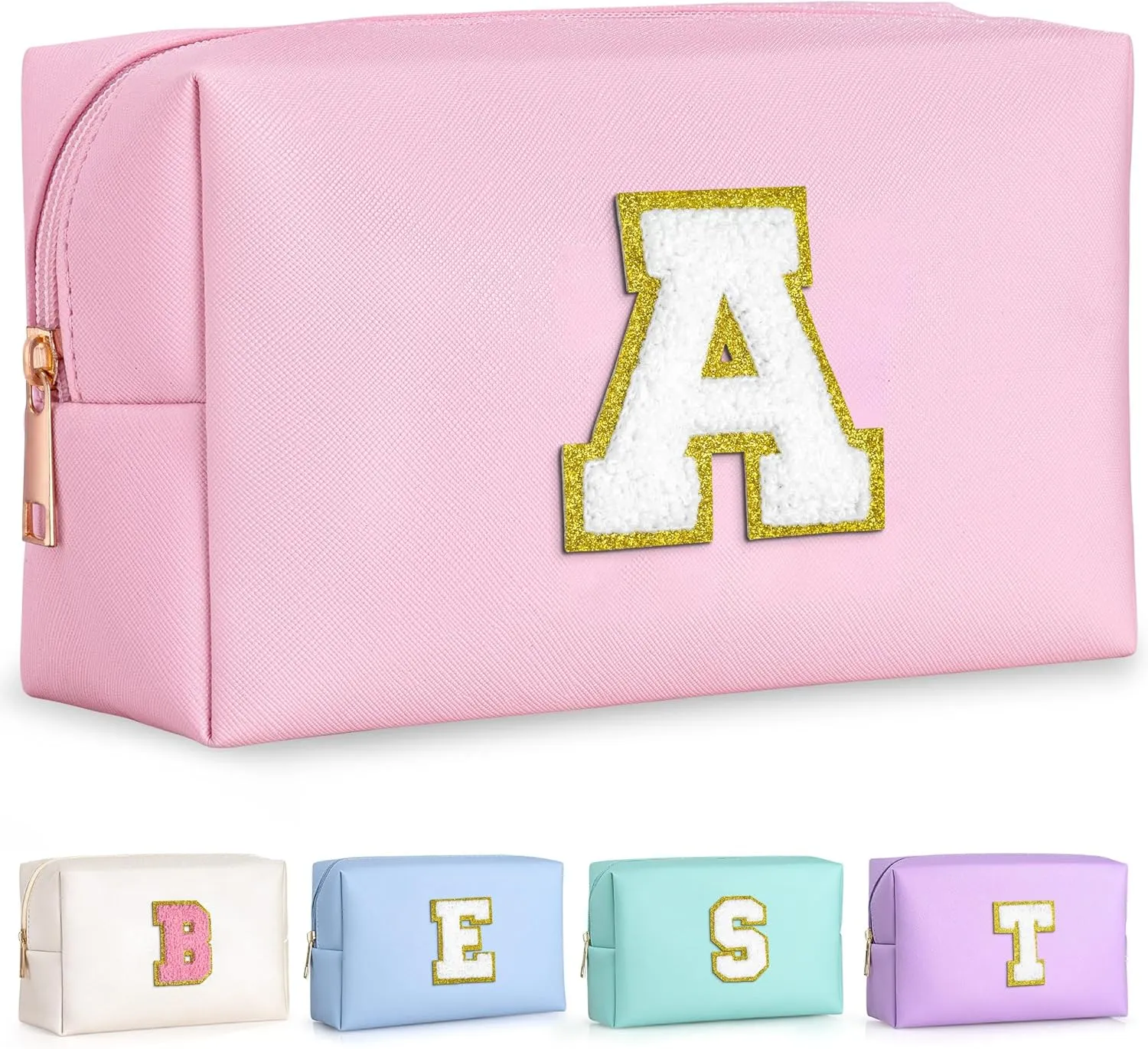 TOPEAST Graduation Gifts - Initial Makeup Bag, Birthday Gifts for 4 5 6 7 8 9 10 11 12 Year Old Girls, Personalized Preppy Cosmetic Bag | Leather Toiletry Bag (Pink A)