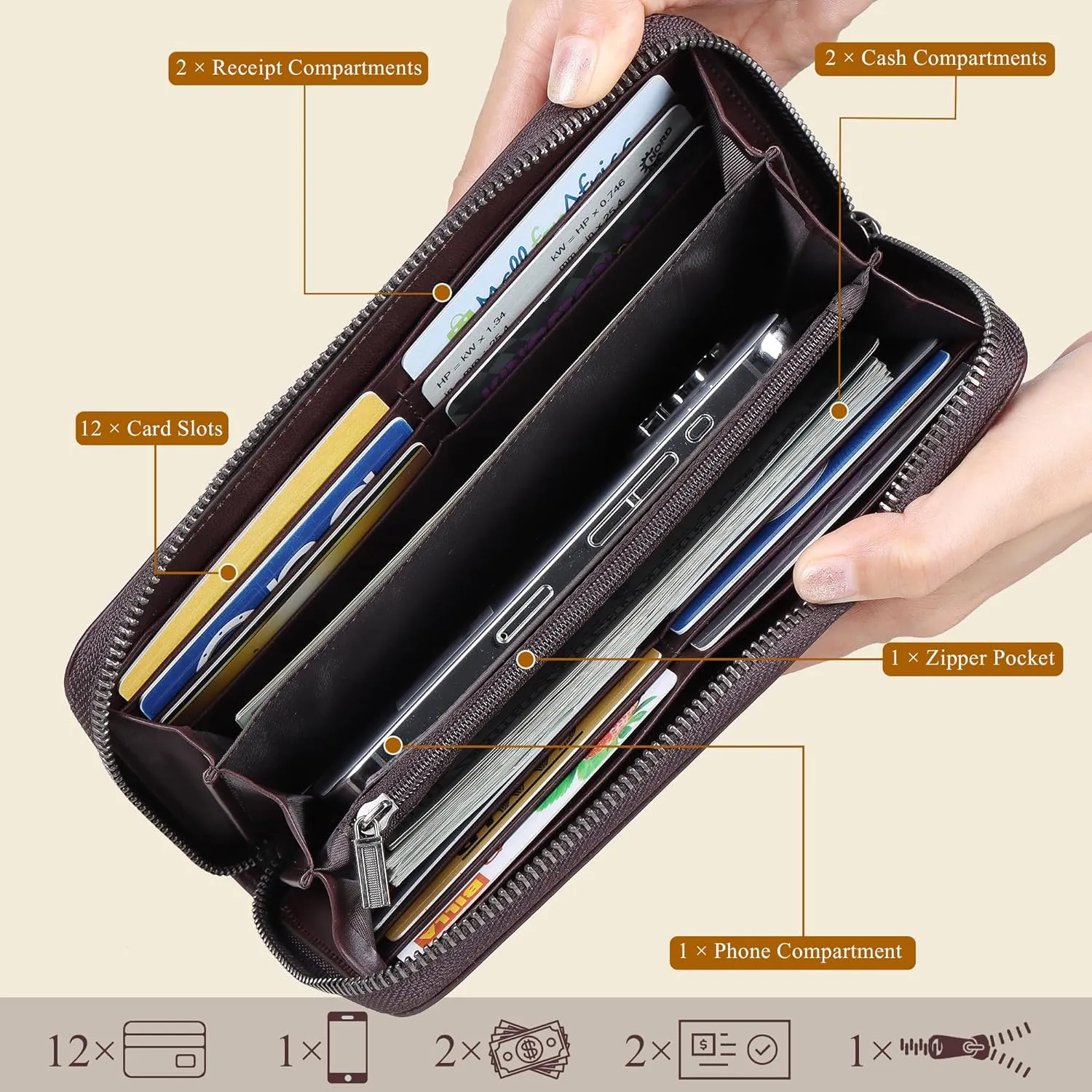 VISOUL Leather Long Zipper Pouch Wallet for Men and Women with RFID Blocking, Large Clutch Cash Long Wallet with Zipper (Coffee)