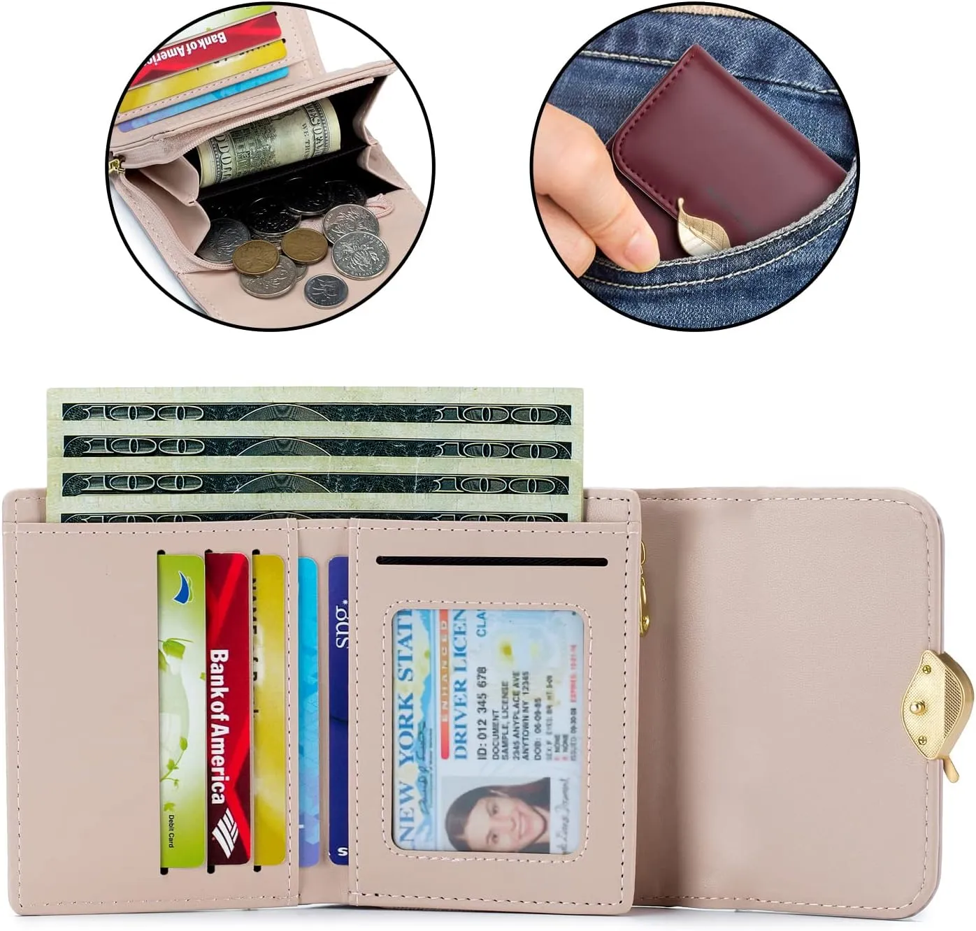 Wallet for Women RFID Blocking PU Leather Leaf Pendant Card Holder Phone Checkbook Organizer Zipper Coin Purse