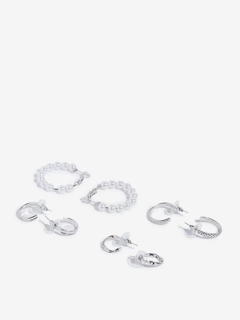 Westside Accessories Silver Faux Pearl Hoop Earrings Set - Pack of 4