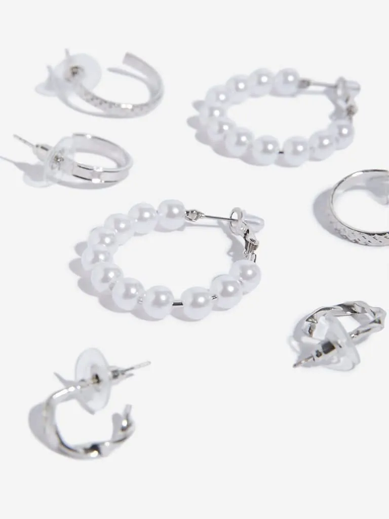 Westside Accessories Silver Faux Pearl Hoop Earrings Set - Pack of 4