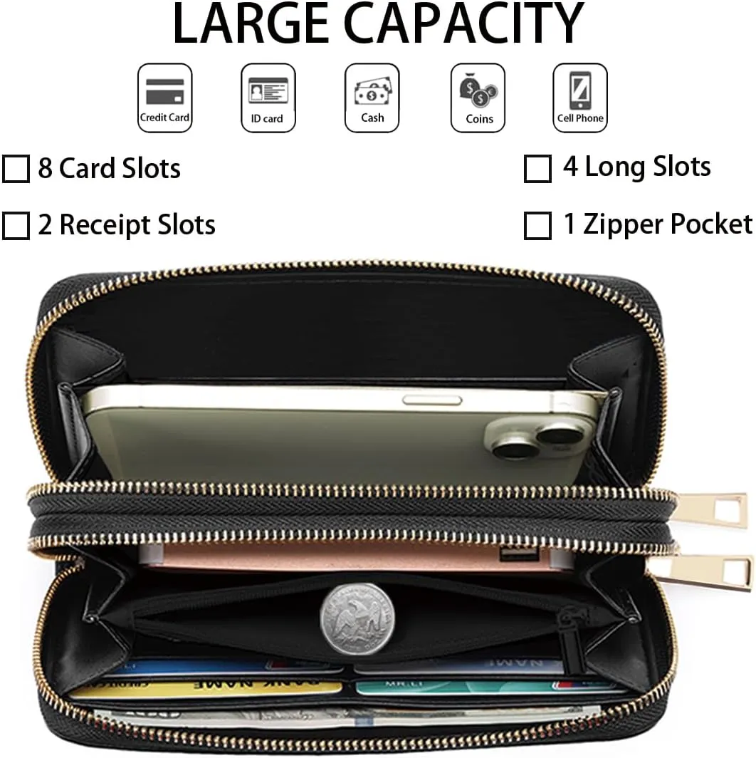Women's Large Capacity Wallet PU Leather Double Zipper Clutch Purse Multifunctional Wallet with Removable Wristlet Strap for Smart Phone/Coin/Card/Cash, Dream Catcher Dolphin