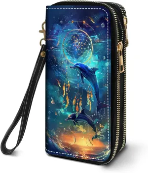 Women's Large Capacity Wallet PU Leather Double Zipper Clutch Purse Multifunctional Wallet with Removable Wristlet Strap for Smart Phone/Coin/Card/Cash, Dream Catcher Dolphin