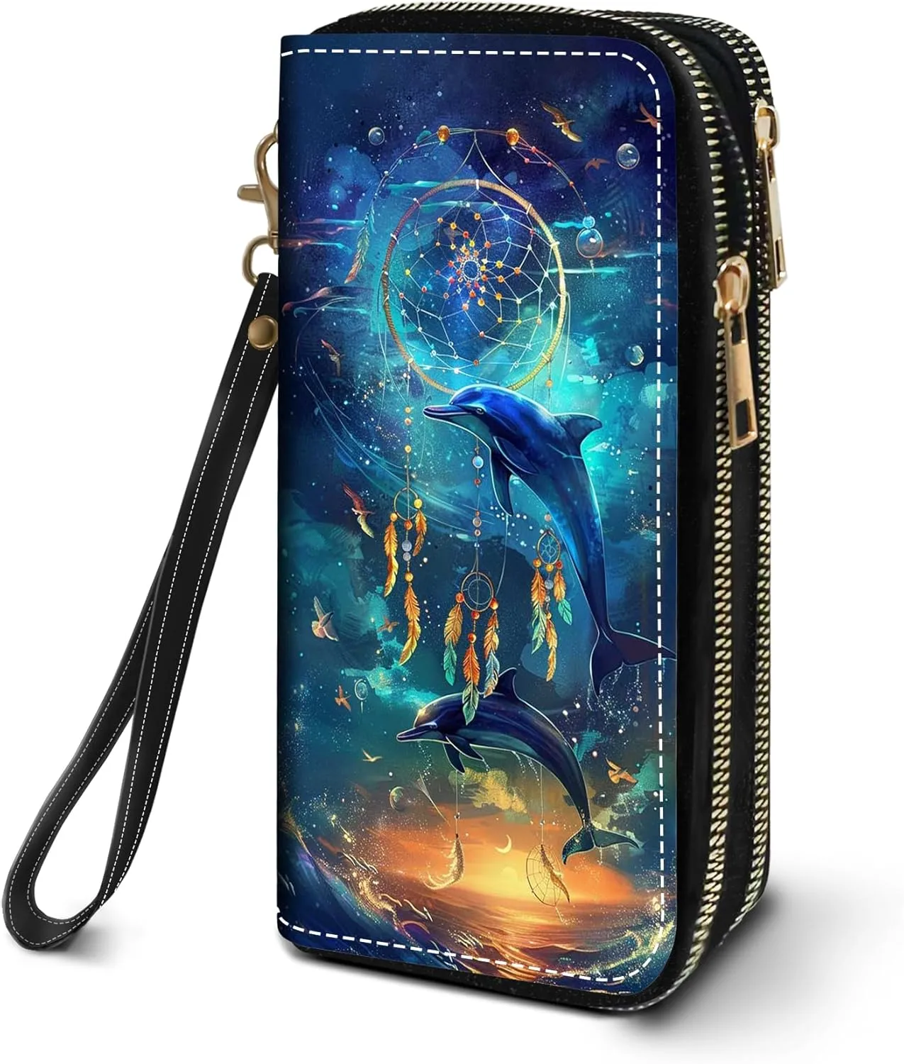 Women's Large Capacity Wallet PU Leather Double Zipper Clutch Purse Multifunctional Wallet with Removable Wristlet Strap for Smart Phone/Coin/Card/Cash, Dream Catcher Dolphin