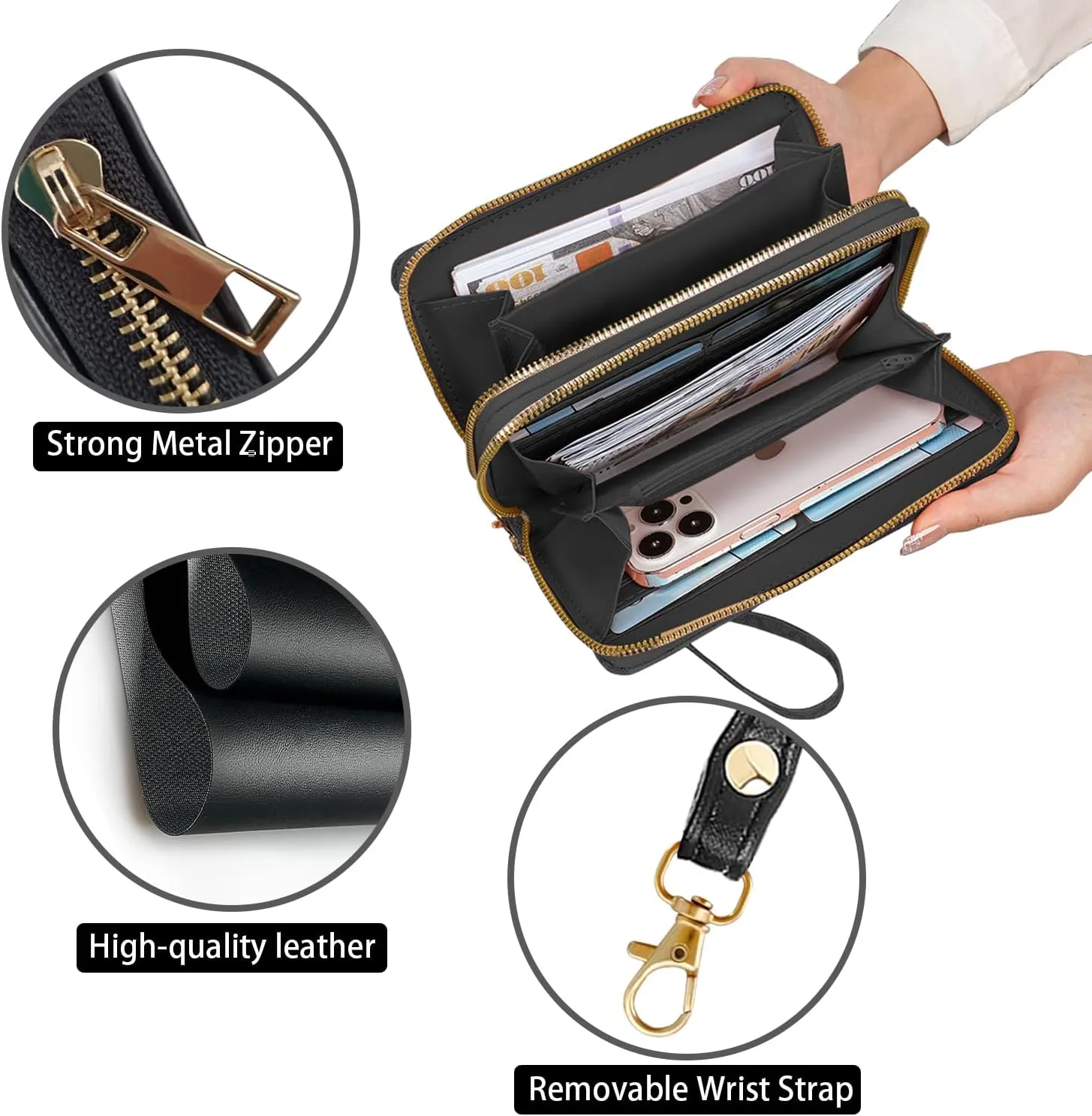 Women's Large Capacity Wallet PU Leather Double Zipper Clutch Purse Multifunctional Wallet with Removable Wristlet Strap for Smart Phone/Coin/Card/Cash, Dream Catcher Dolphin
