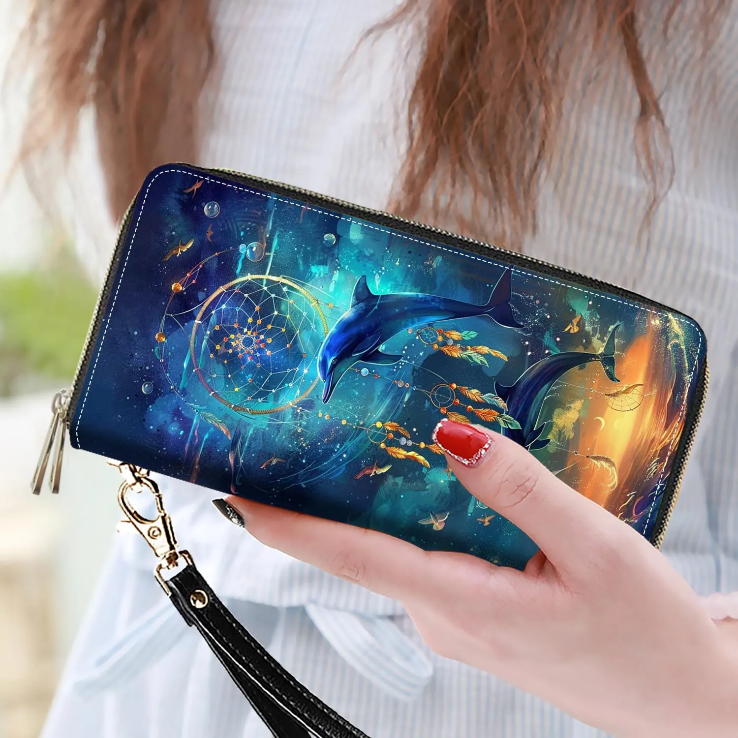 Women's Large Capacity Wallet PU Leather Double Zipper Clutch Purse Multifunctional Wallet with Removable Wristlet Strap for Smart Phone/Coin/Card/Cash, Dream Catcher Dolphin