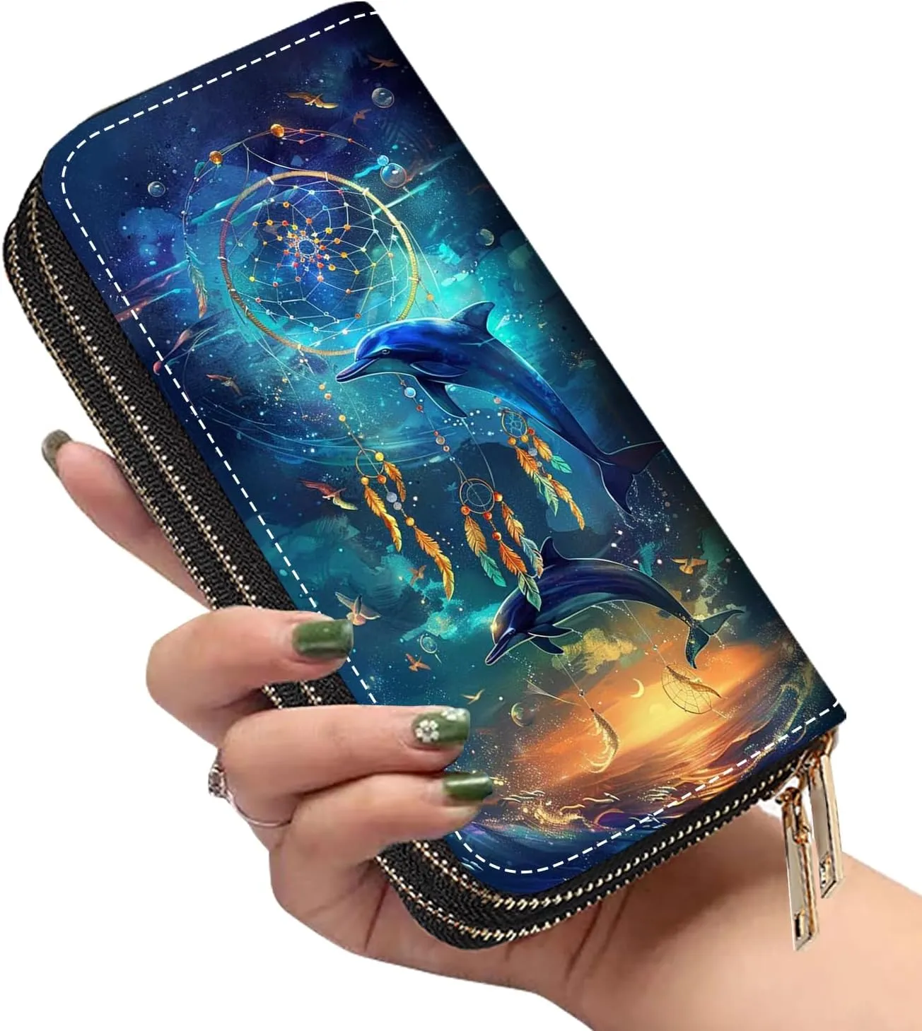 Women's Large Capacity Wallet PU Leather Double Zipper Clutch Purse Multifunctional Wallet with Removable Wristlet Strap for Smart Phone/Coin/Card/Cash, Dream Catcher Dolphin